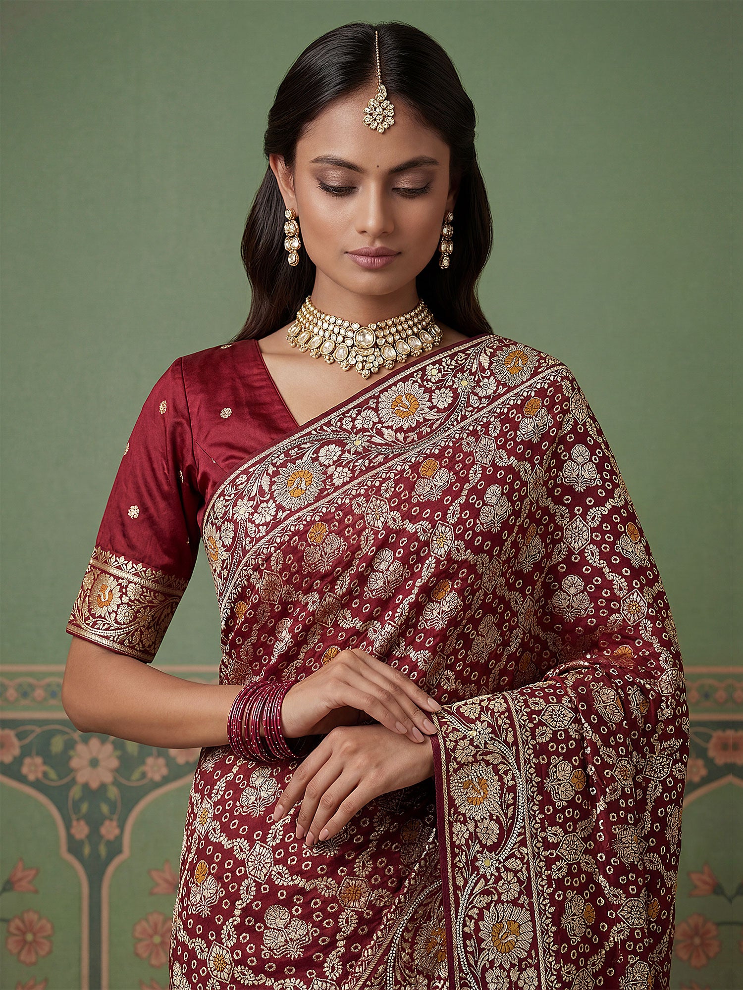 Maroon Festive Silk Saree In Floral Work