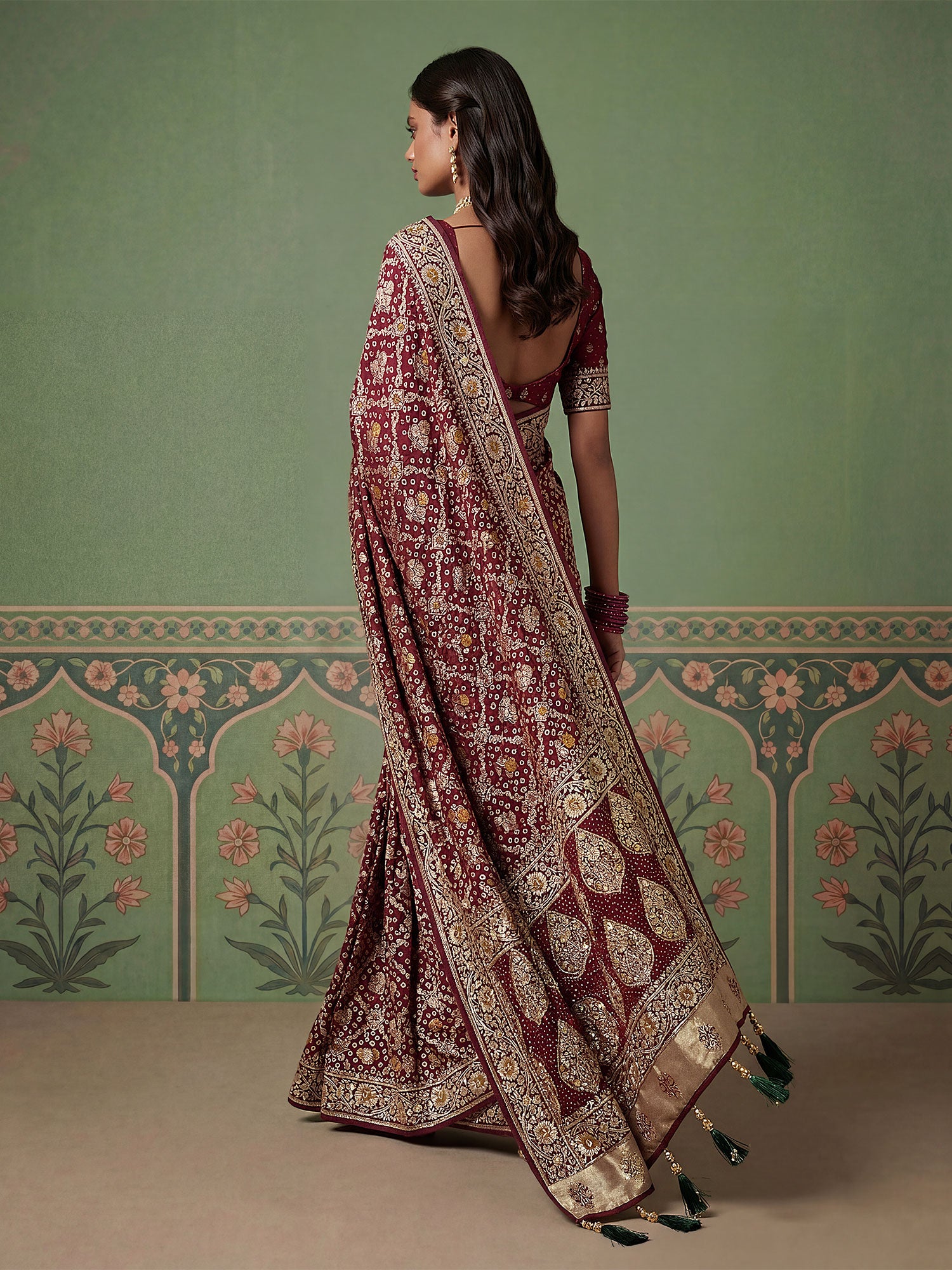 Maroon Festive Silk Saree In Floral Work