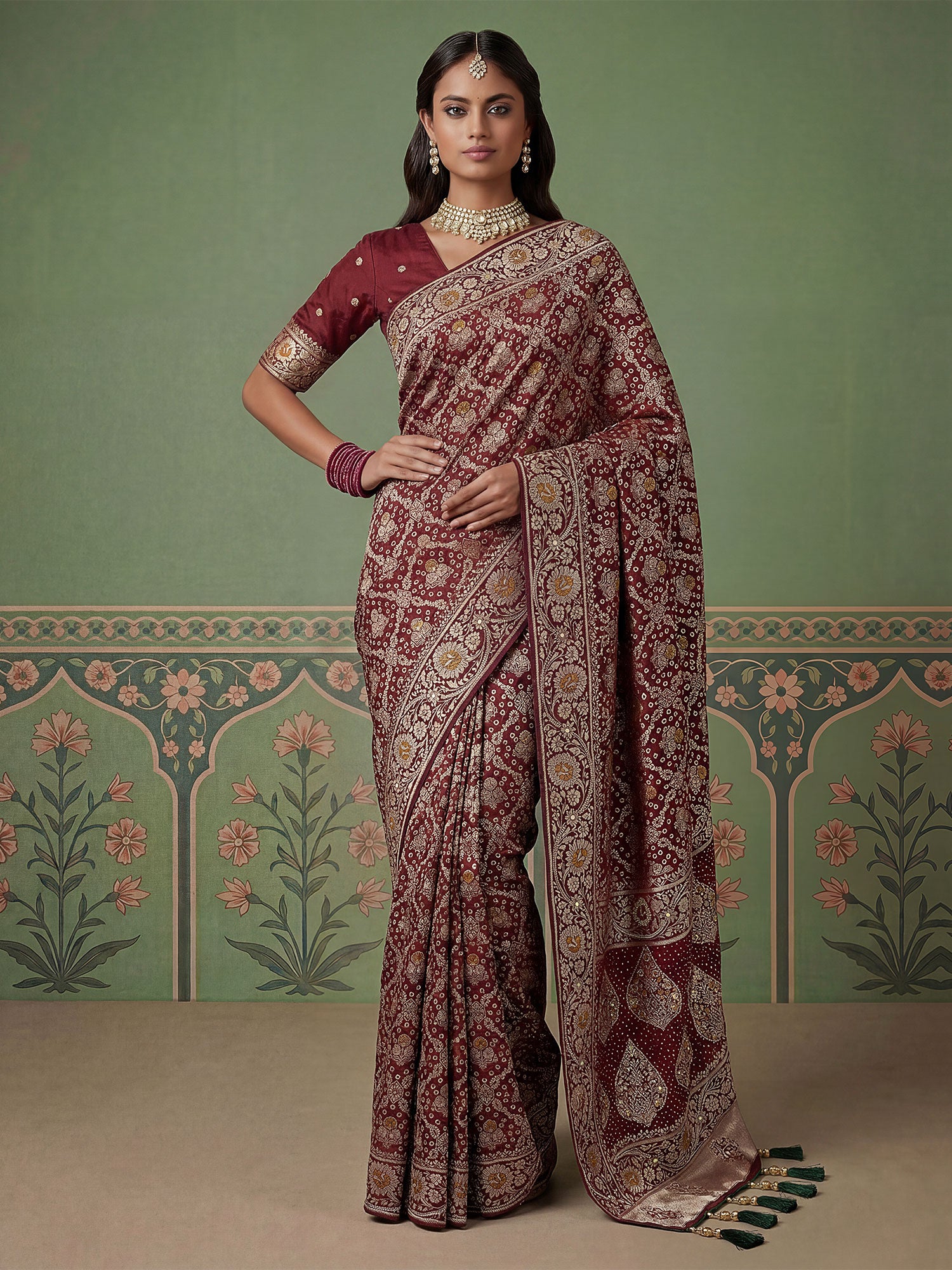 Maroon Festive Silk Saree In Floral Work