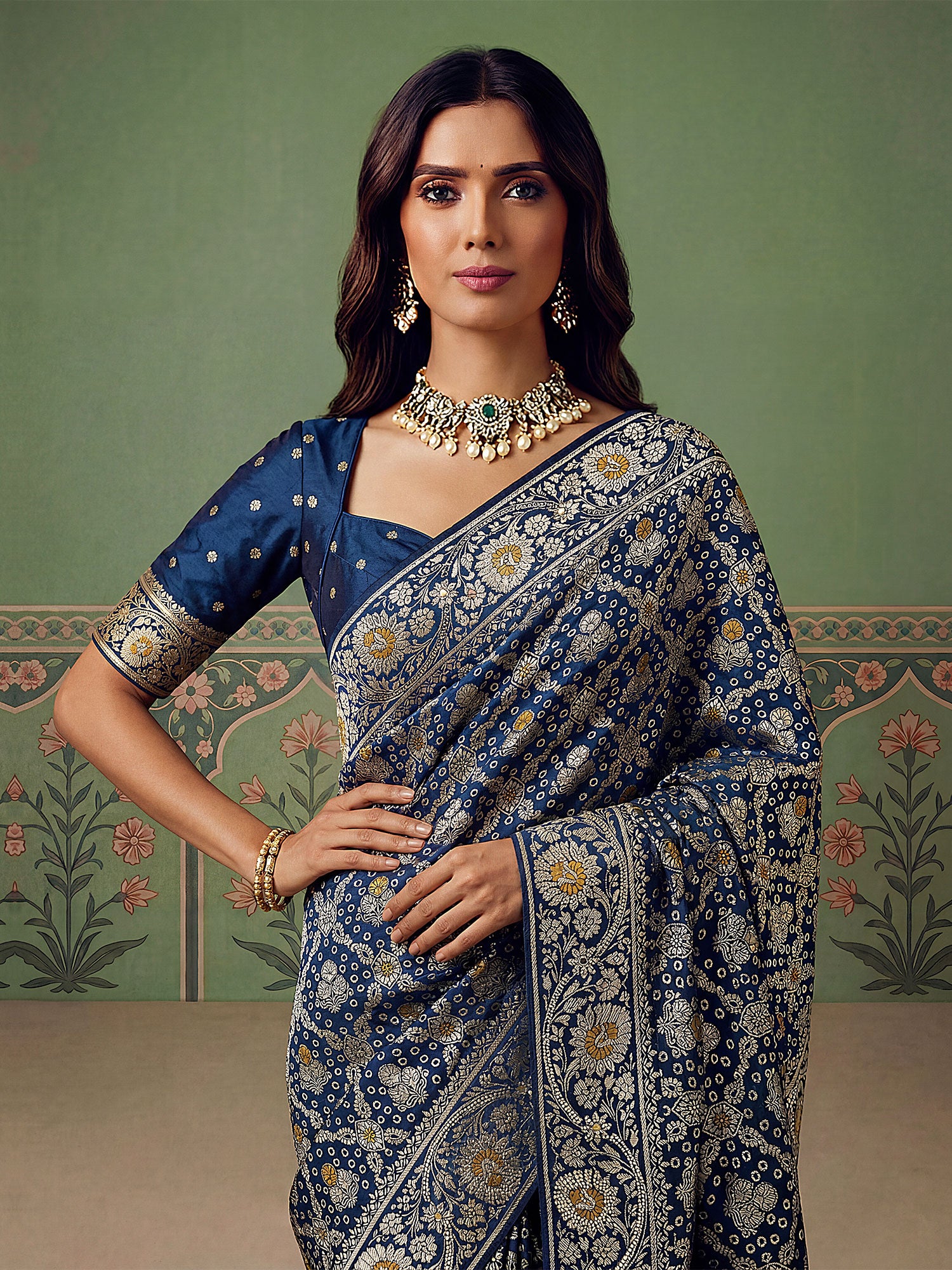 Blue Silk Saree In Floral Woven Work
