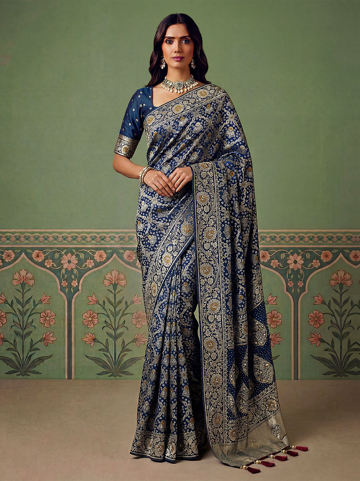 Blue Silk Saree In Floral Woven Work