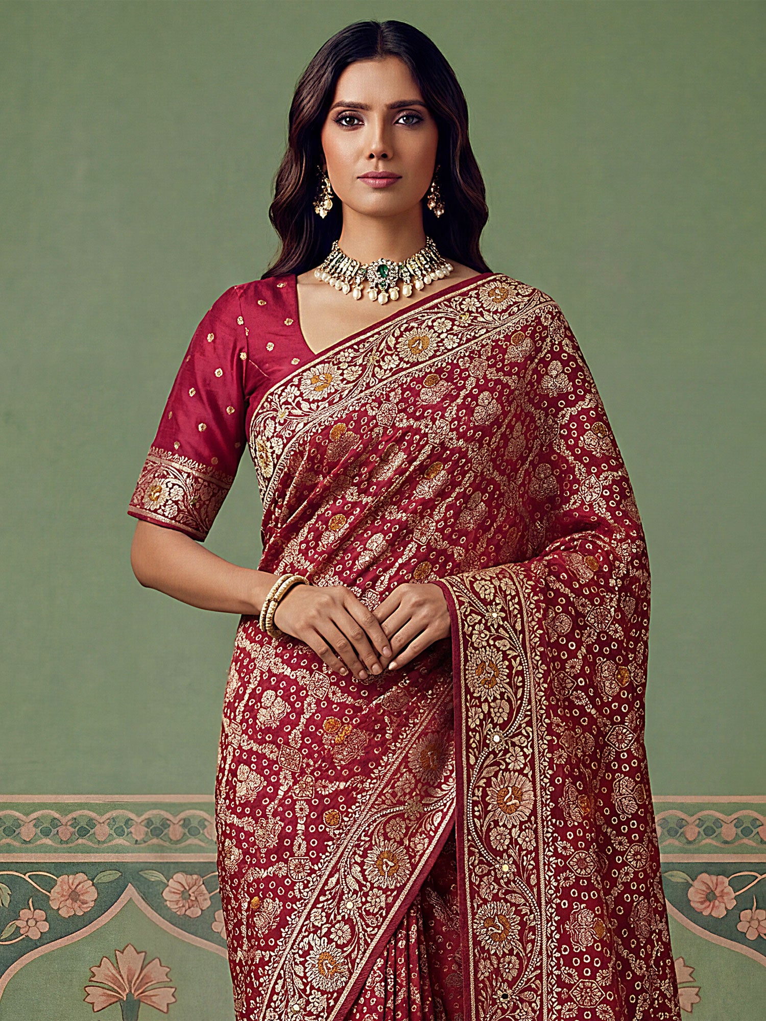 Red Floral Work Silk Saree Wth Blouse