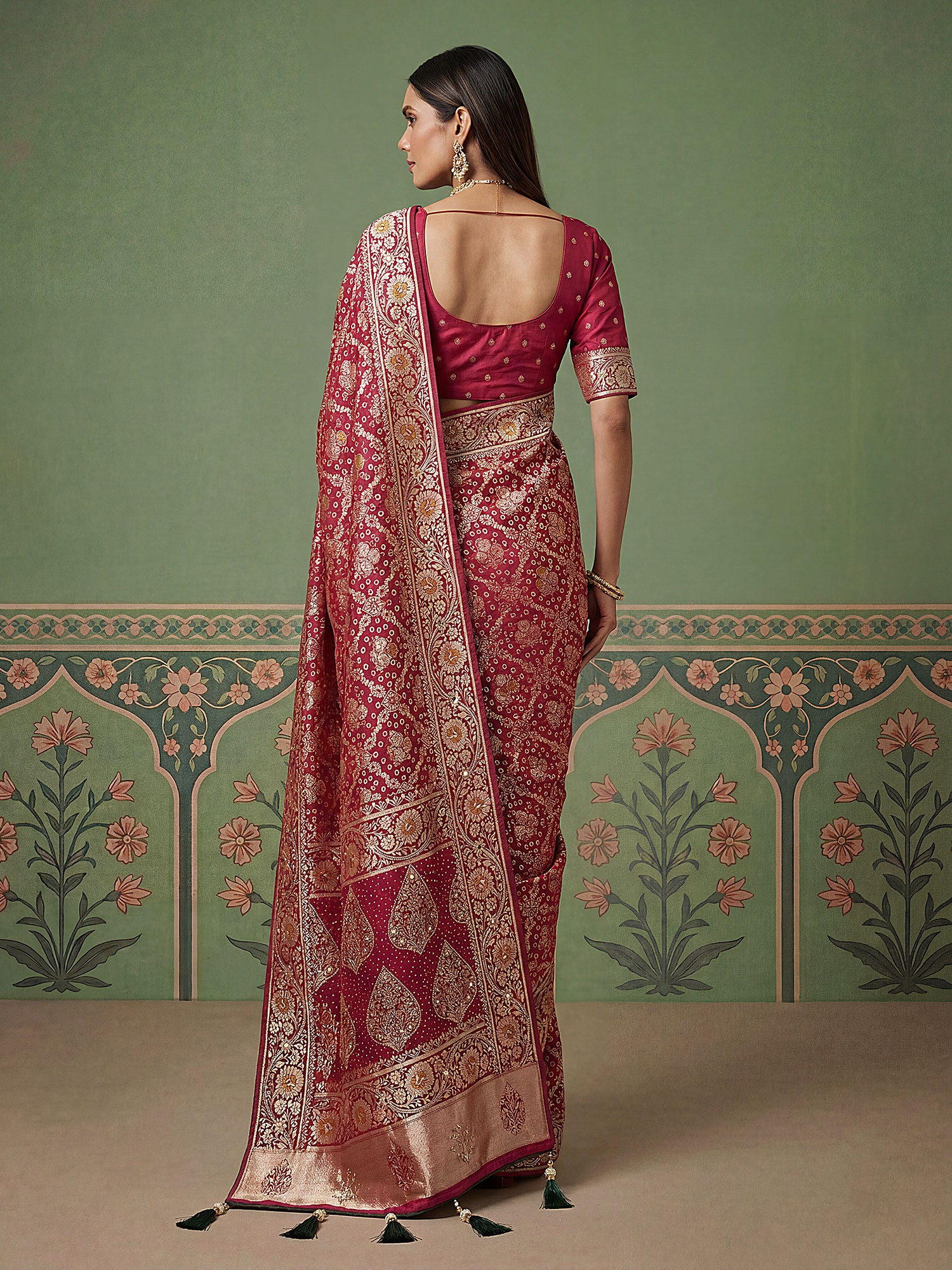 Red Floral Work Silk Saree Wth Blouse