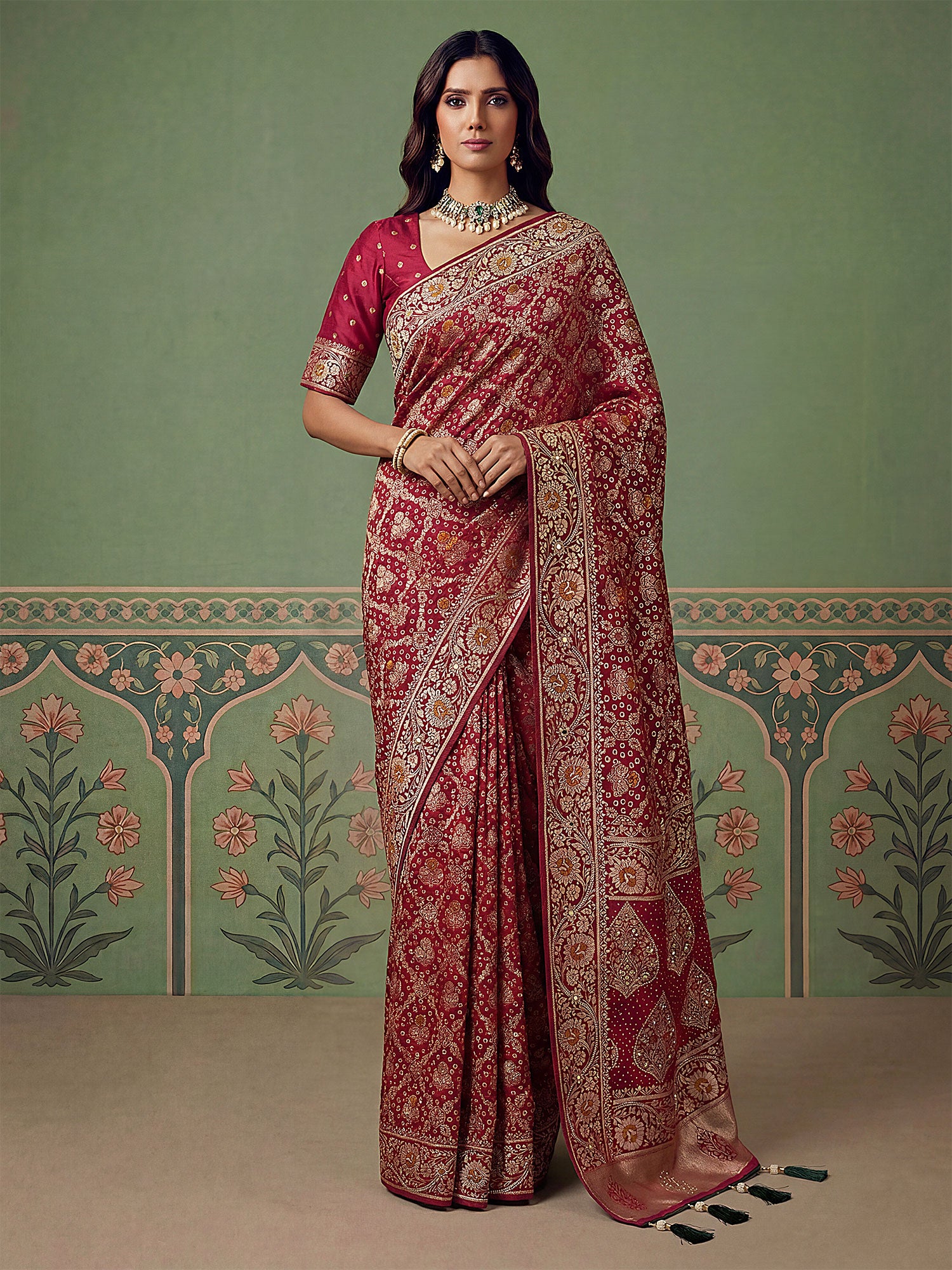 Red Floral Work Silk Saree Wth Blouse