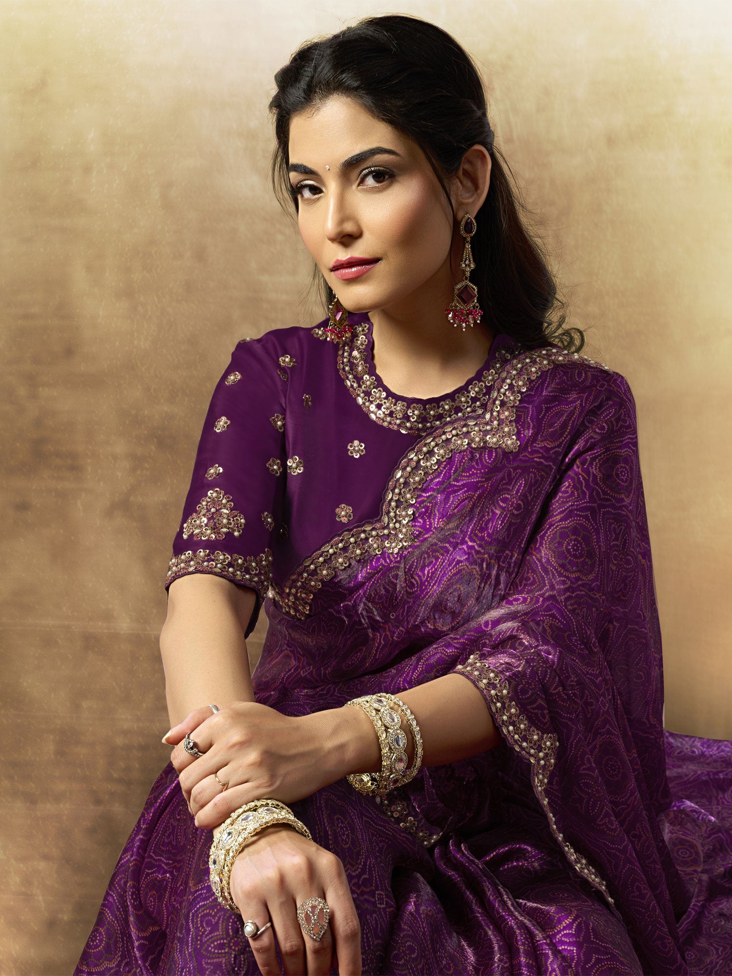 Purple Sequins Embroidered Saree In Satin Silk