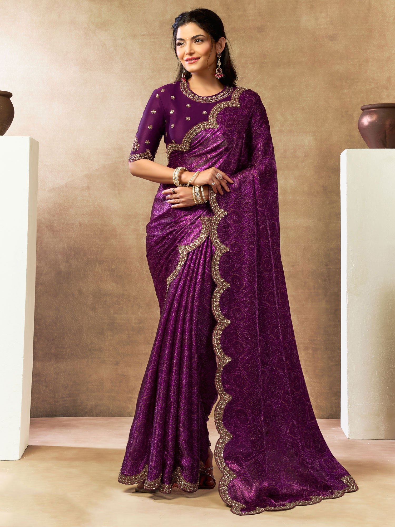 Purple Sequins Embroidered Saree In Satin Silk