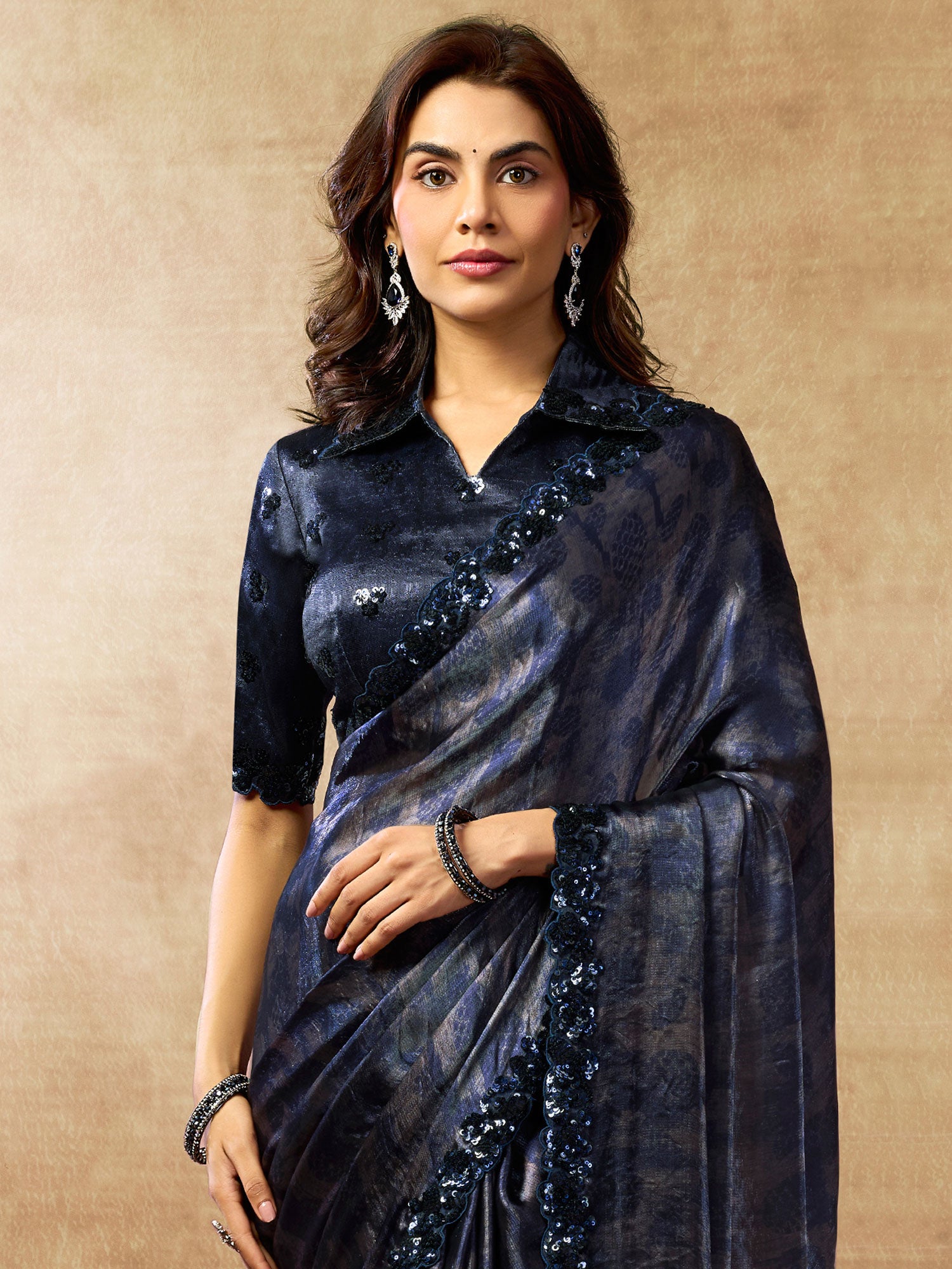 Blue Sequins Work Wedding Wear Saree