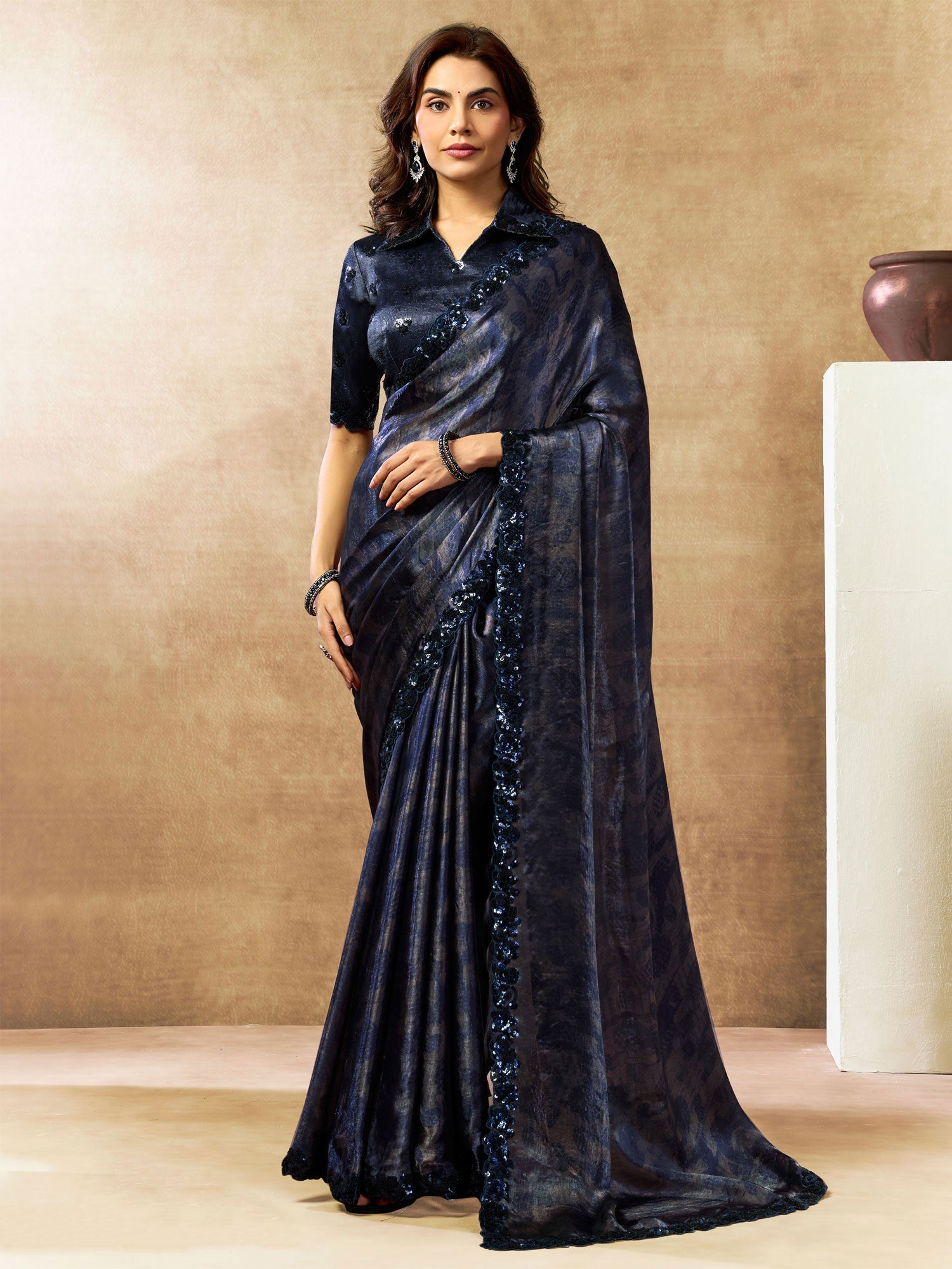 Blue Sequins Work Wedding Wear Saree