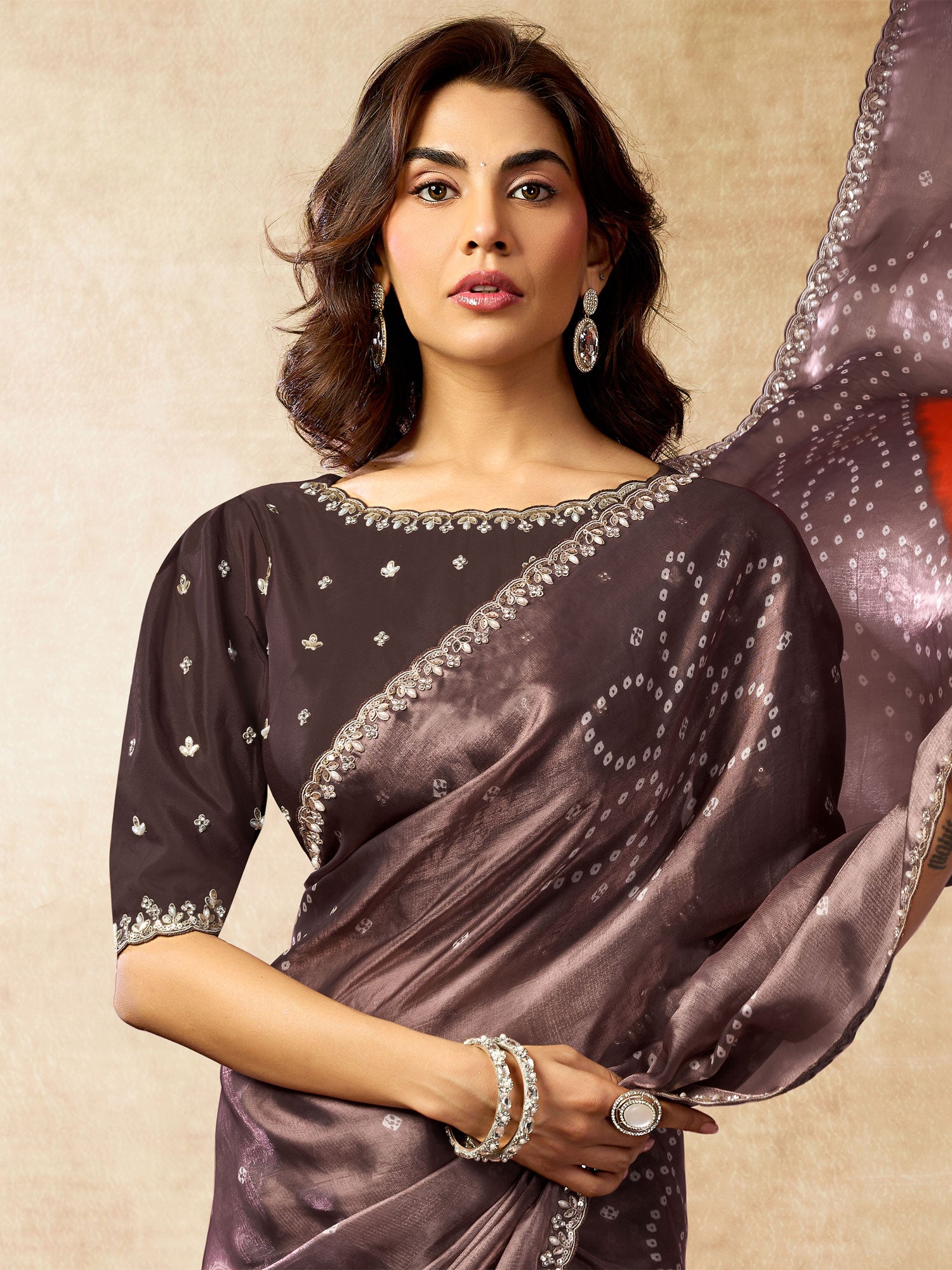 Brown Bridesmaid Saree In Bandhani Print