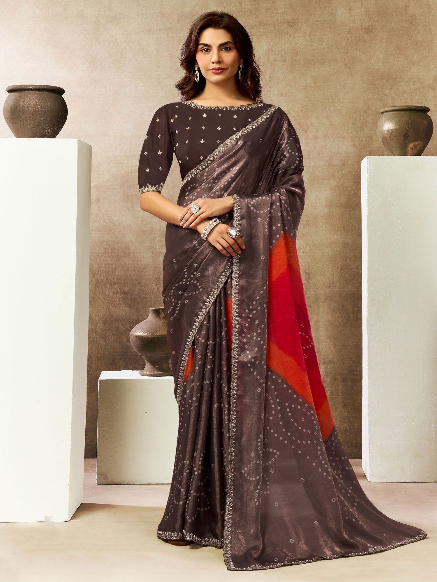Brown Bridesmaid Saree In Bandhani Print
