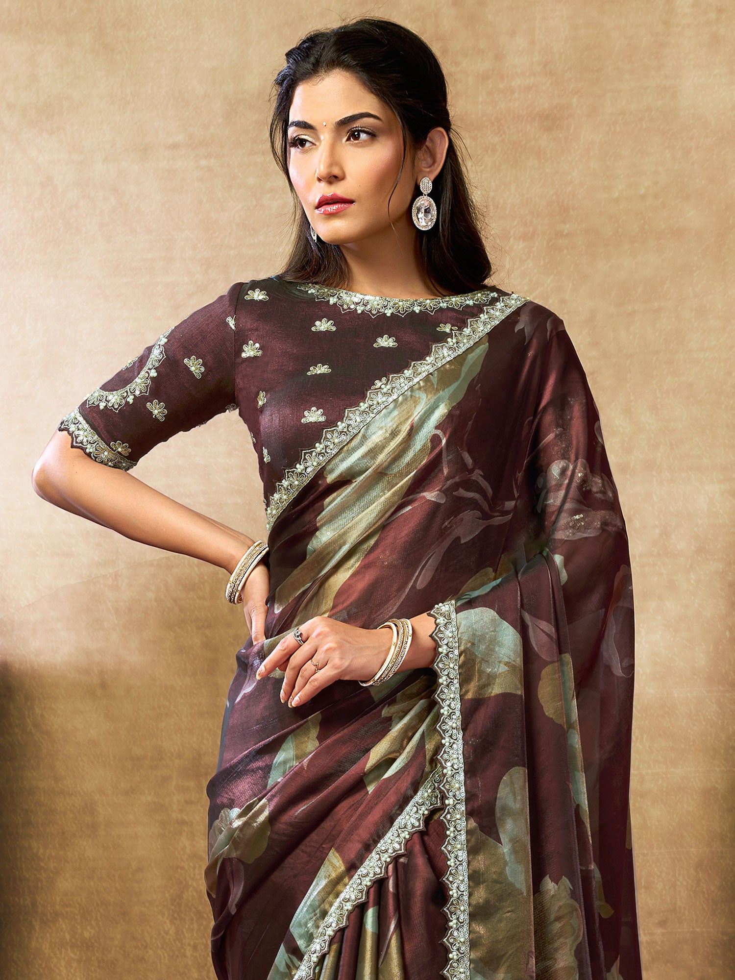 Brown Sequins Work Saree In Satin Silk