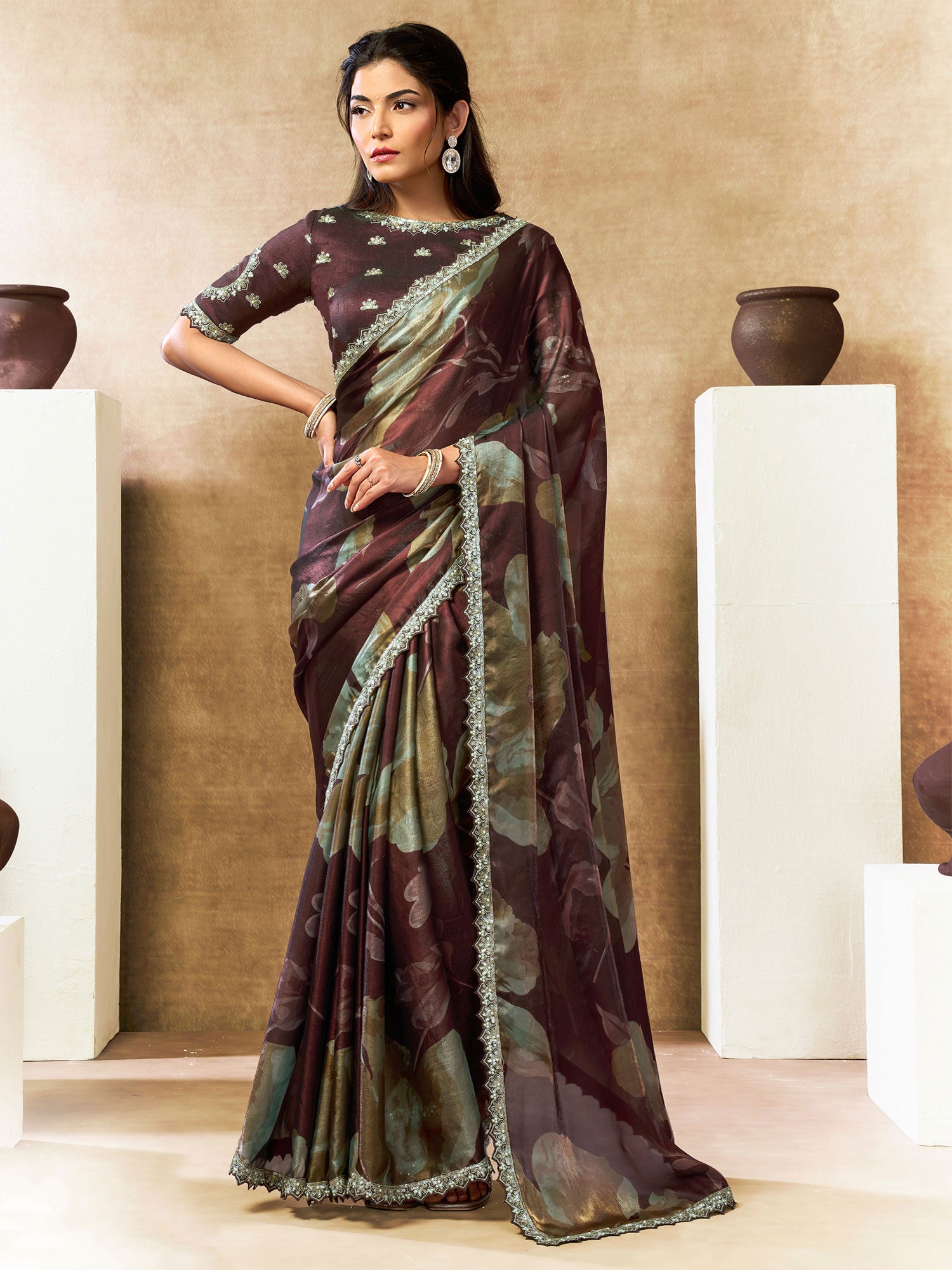 Brown Sequins Work Saree In Satin Silk