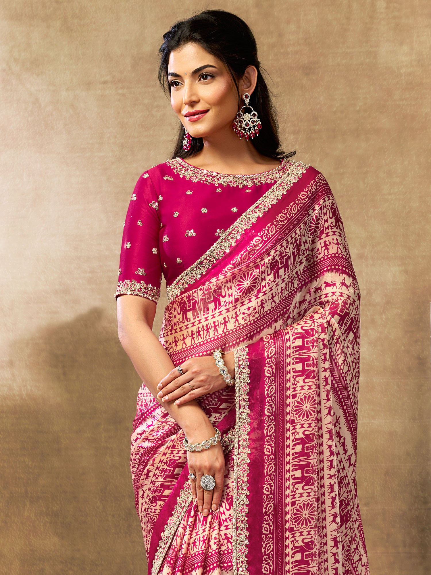 Pink Wedding Wear Saree In Moti Work