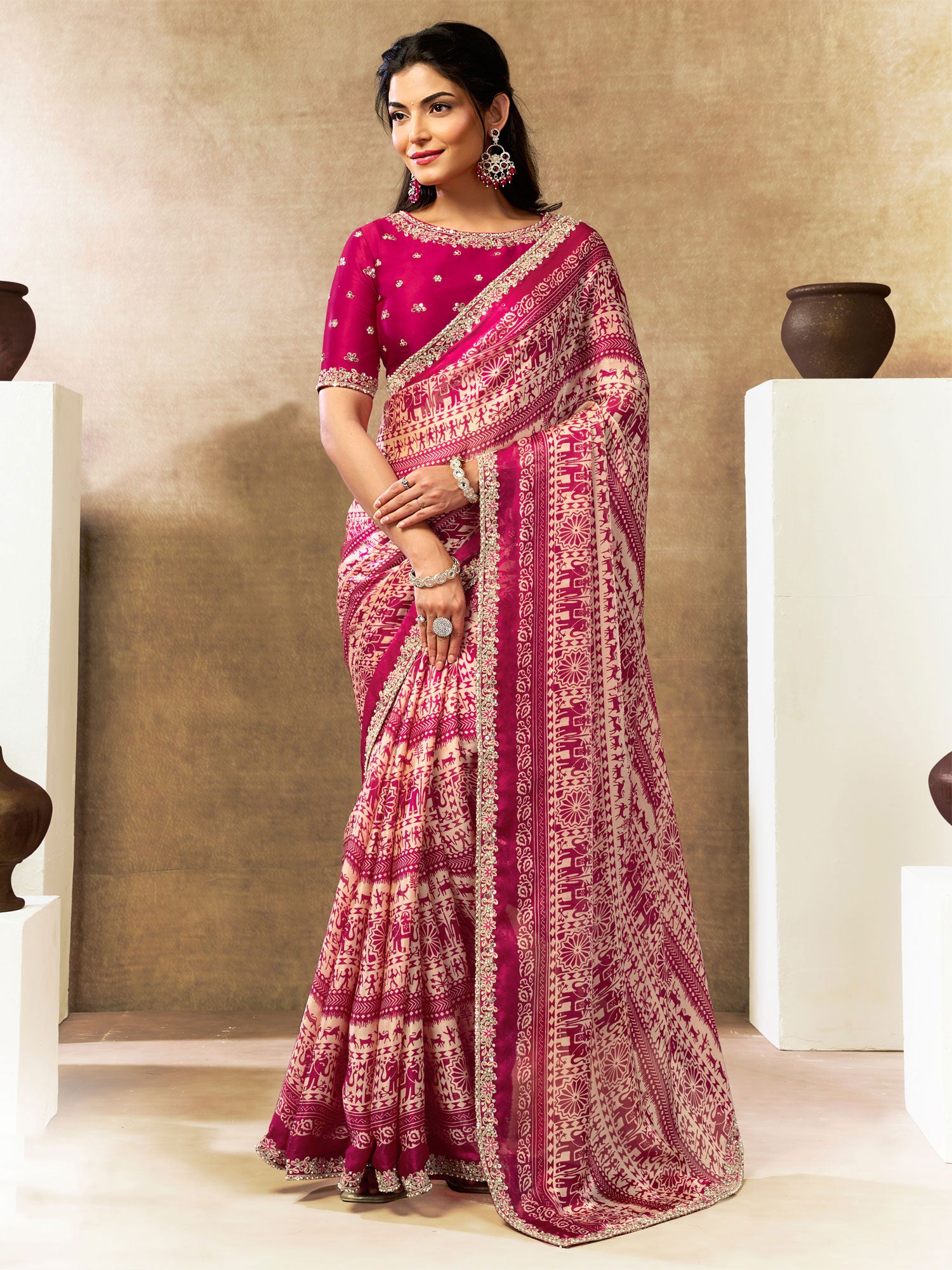 Pink Wedding Wear Saree In Moti Work