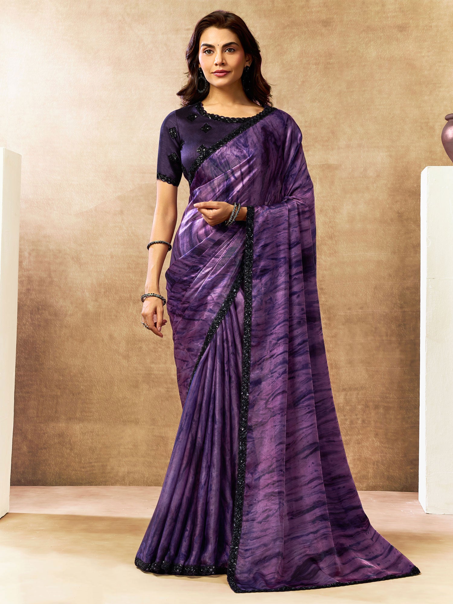 Purple Sequins Work Party Wear Silk Saree