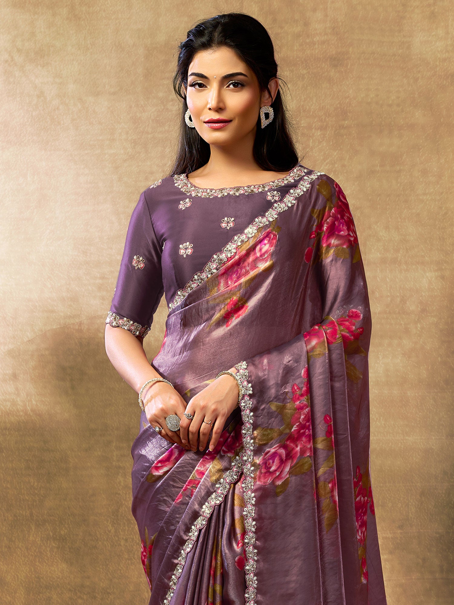 Dark Mauve Floral Printed Saree In Satin Silk