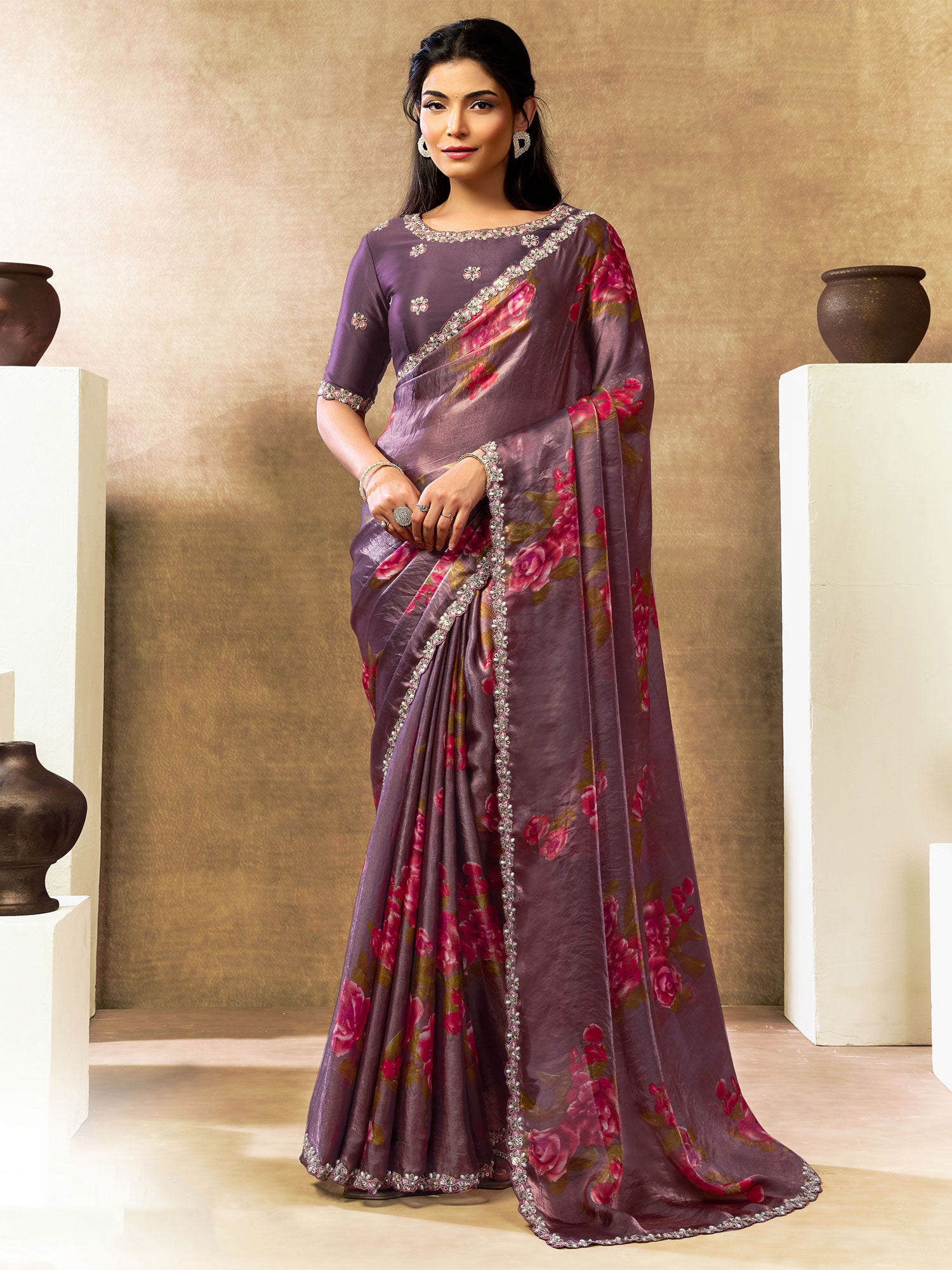 Dark Mauve Floral Printed Saree In Satin Silk