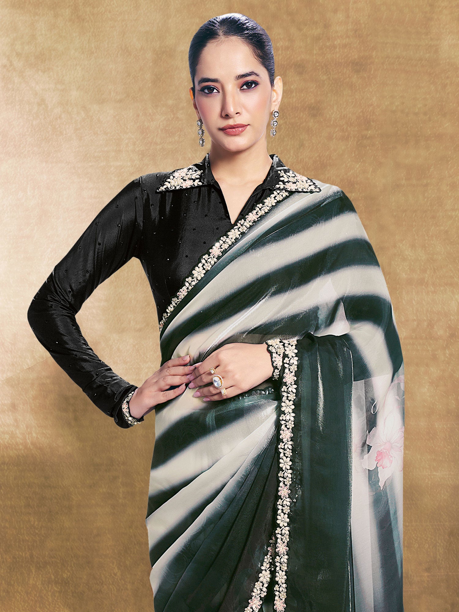 White And Black Floral Work Saree In Silk