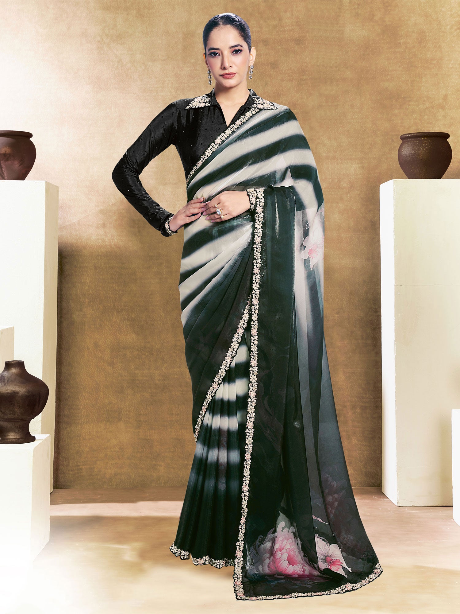 White And Black Floral Work Saree In Silk