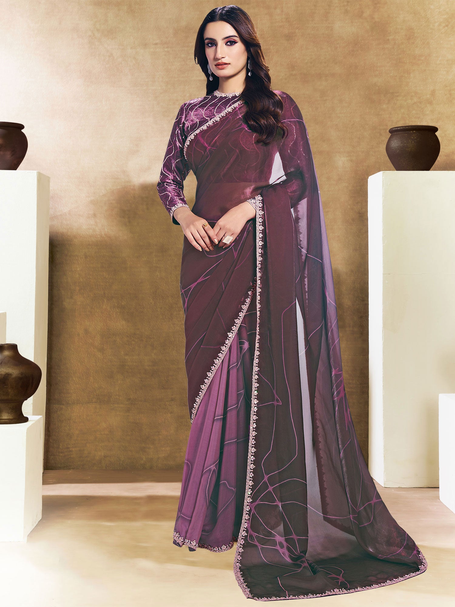 Wine Party Saree With Floral Work Borders