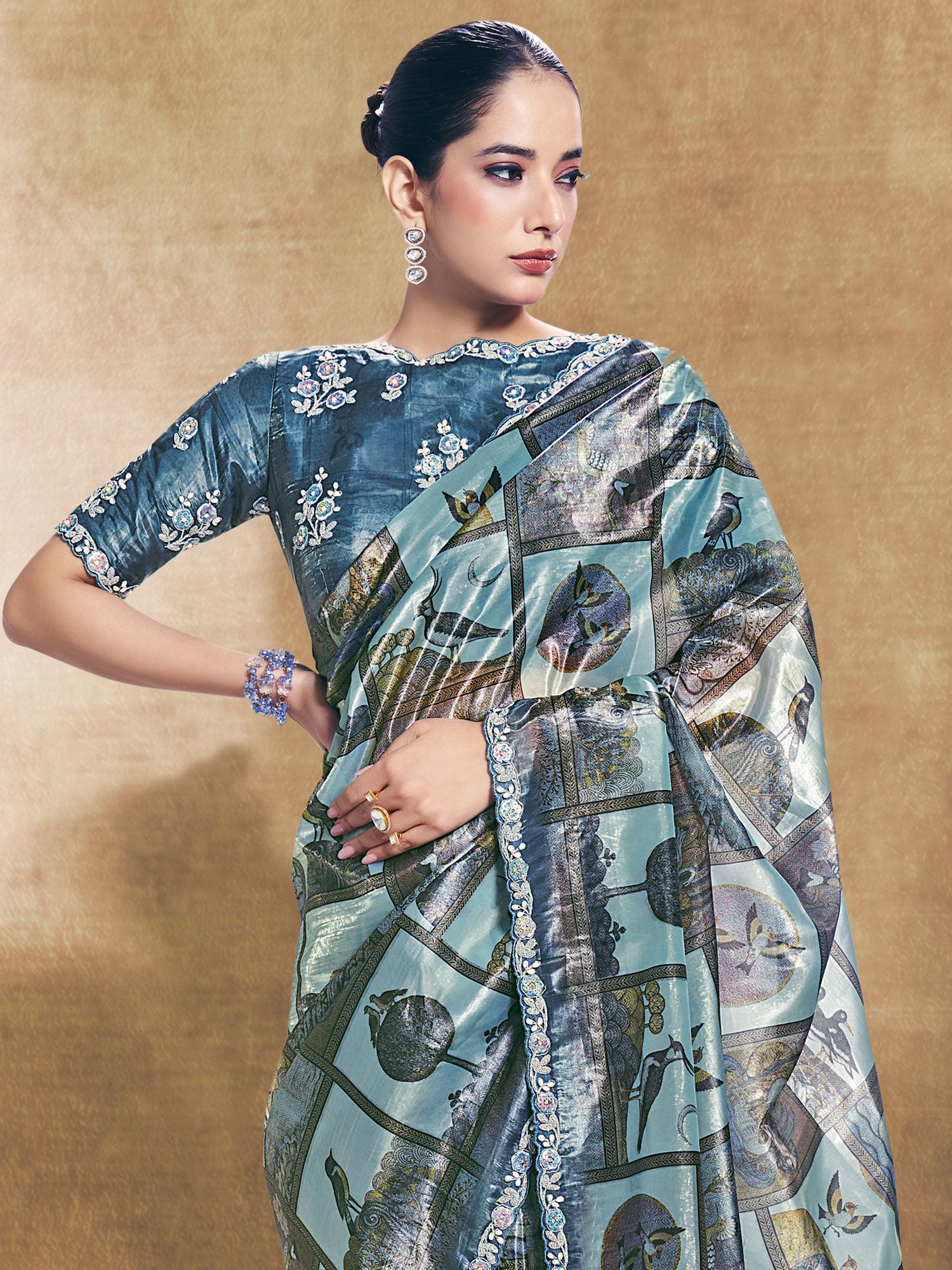 Blue Party Wear Saree In Floral Work