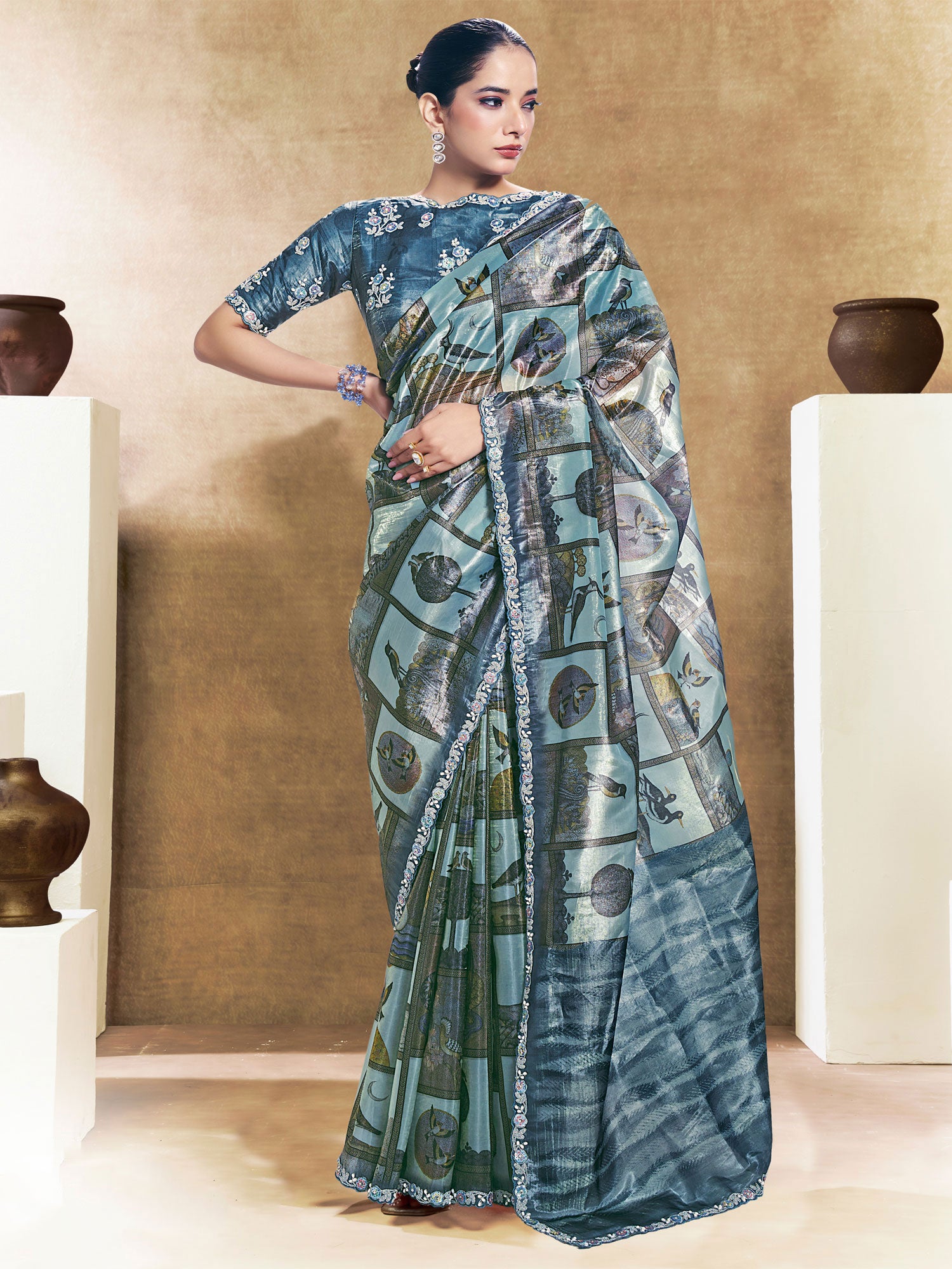 Blue Party Wear Saree In Floral Work
