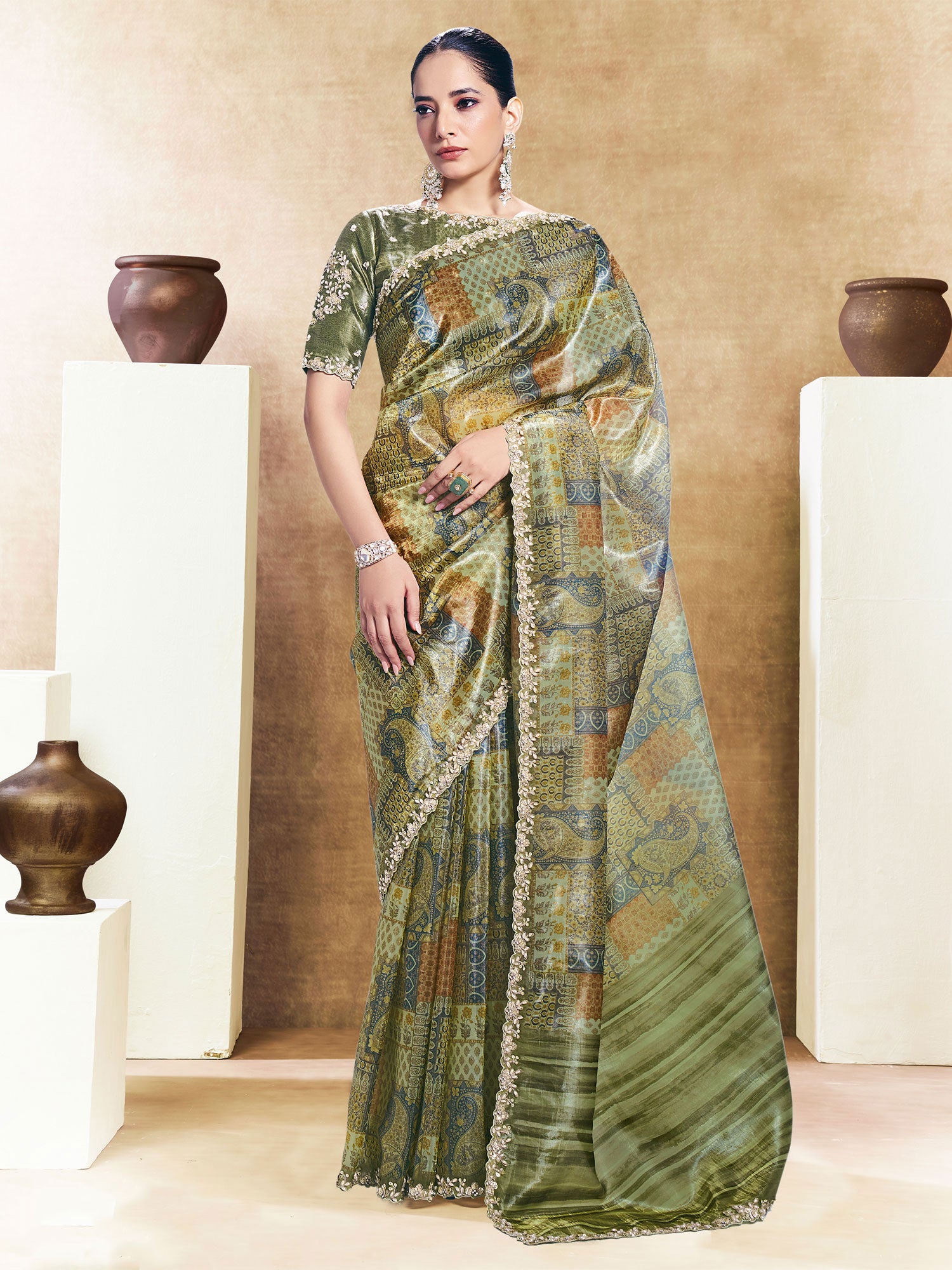 Green Wedding Wear Saree With Blouse