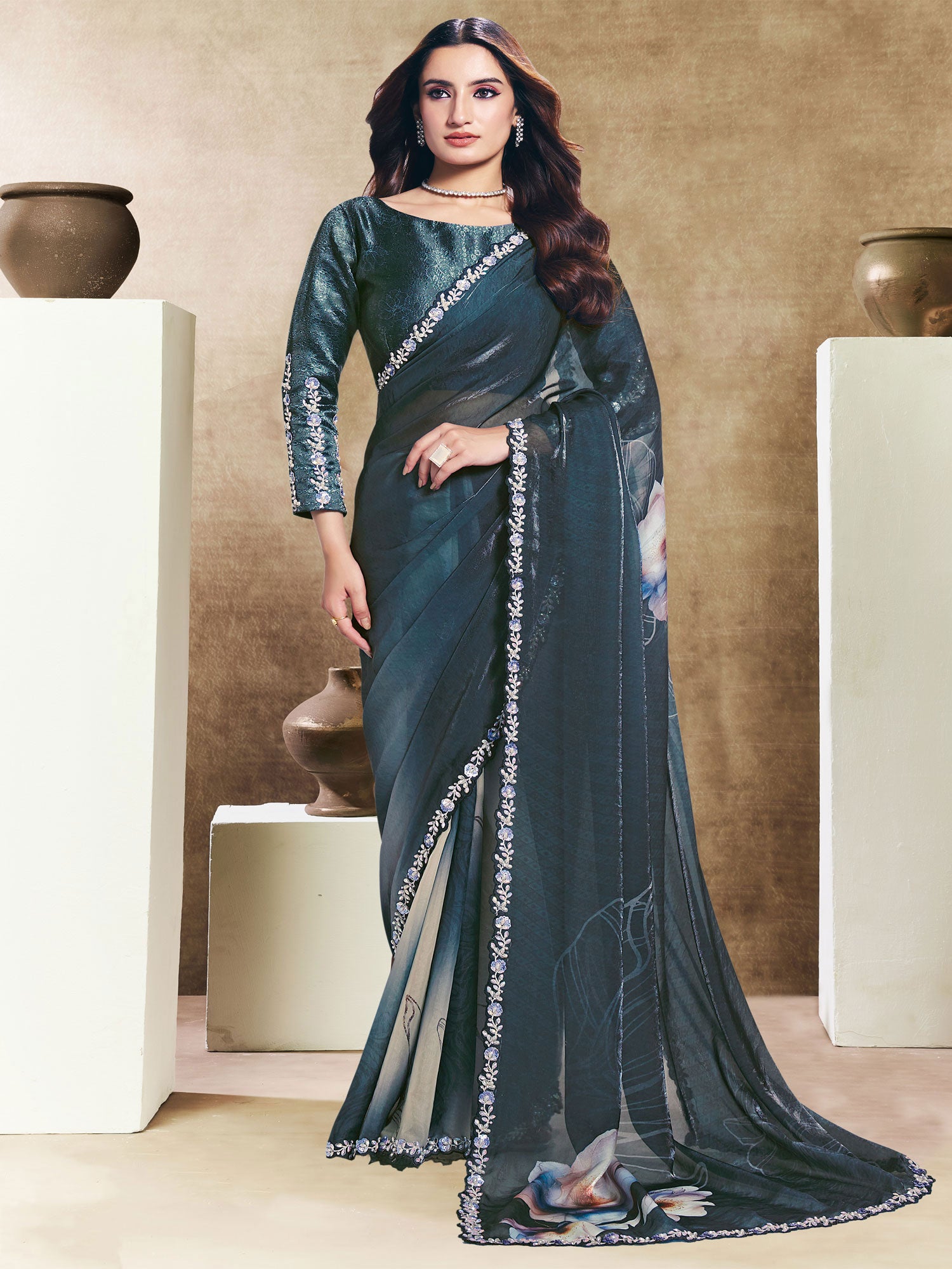 Blue Party Saree With Floral Work Borders