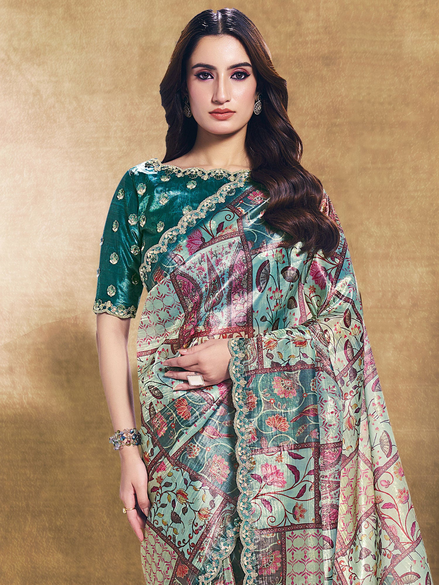 Blue Printed Saree With Blouse In Silk