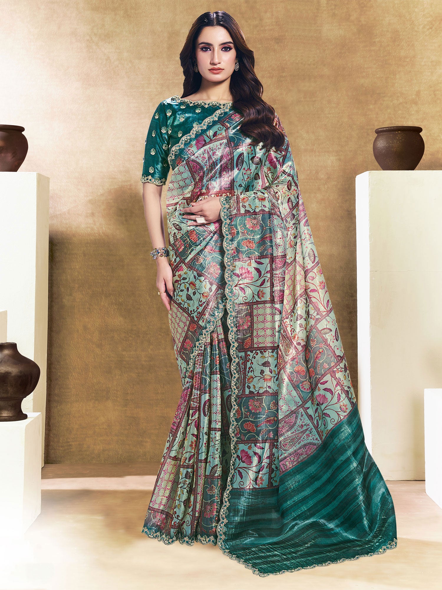 Blue Printed Saree With Blouse In Silk