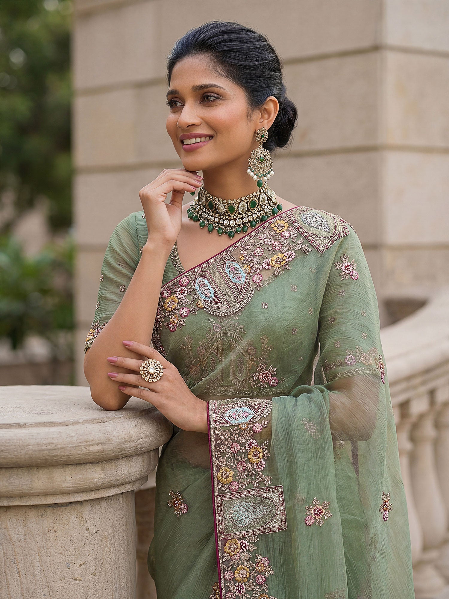 Green Heavy Thread Embroidered Saree With Blouse