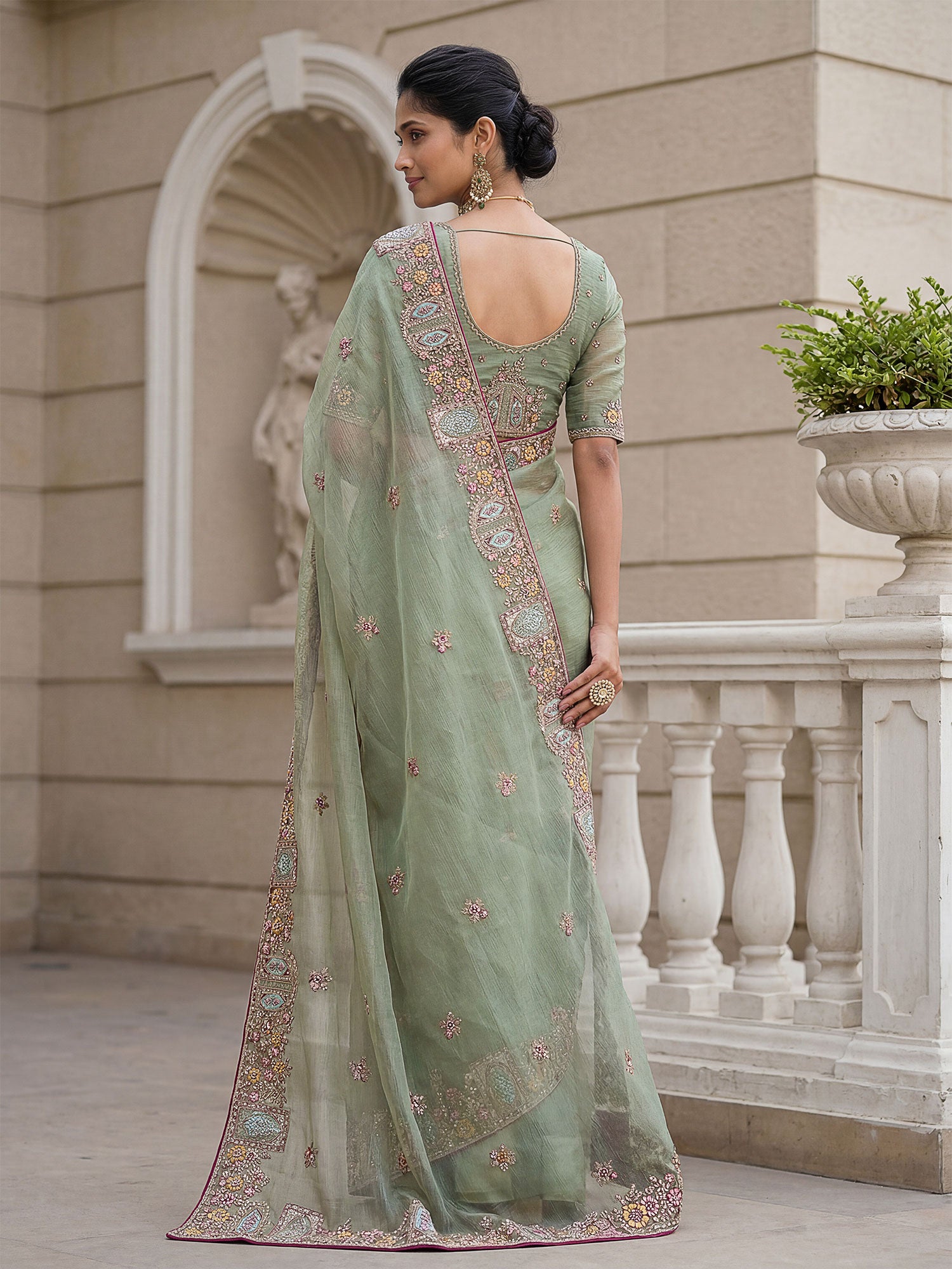 Green Heavy Thread Embroidered Saree With Blouse
