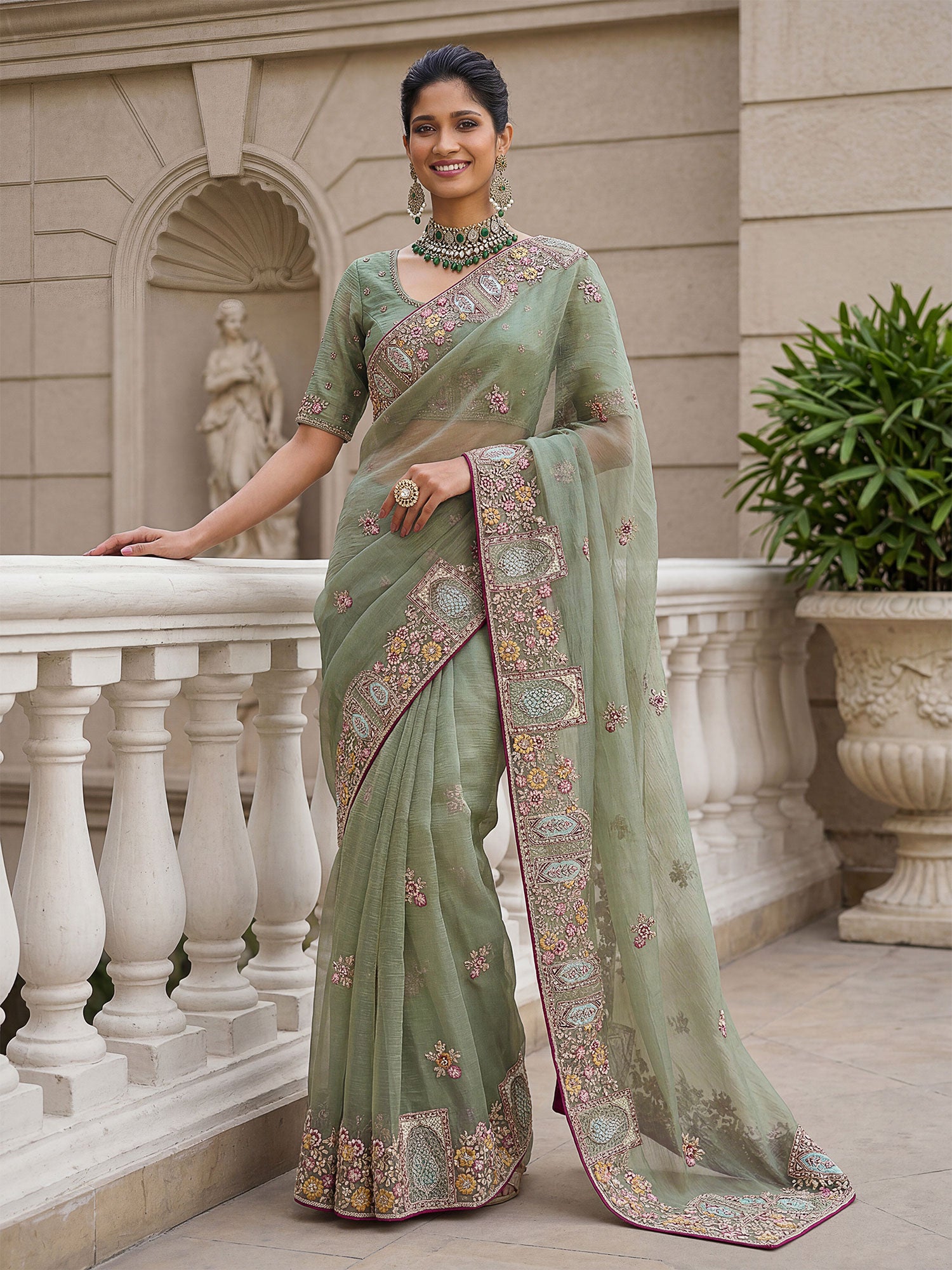 Green Heavy Thread Embroidered Saree With Blouse