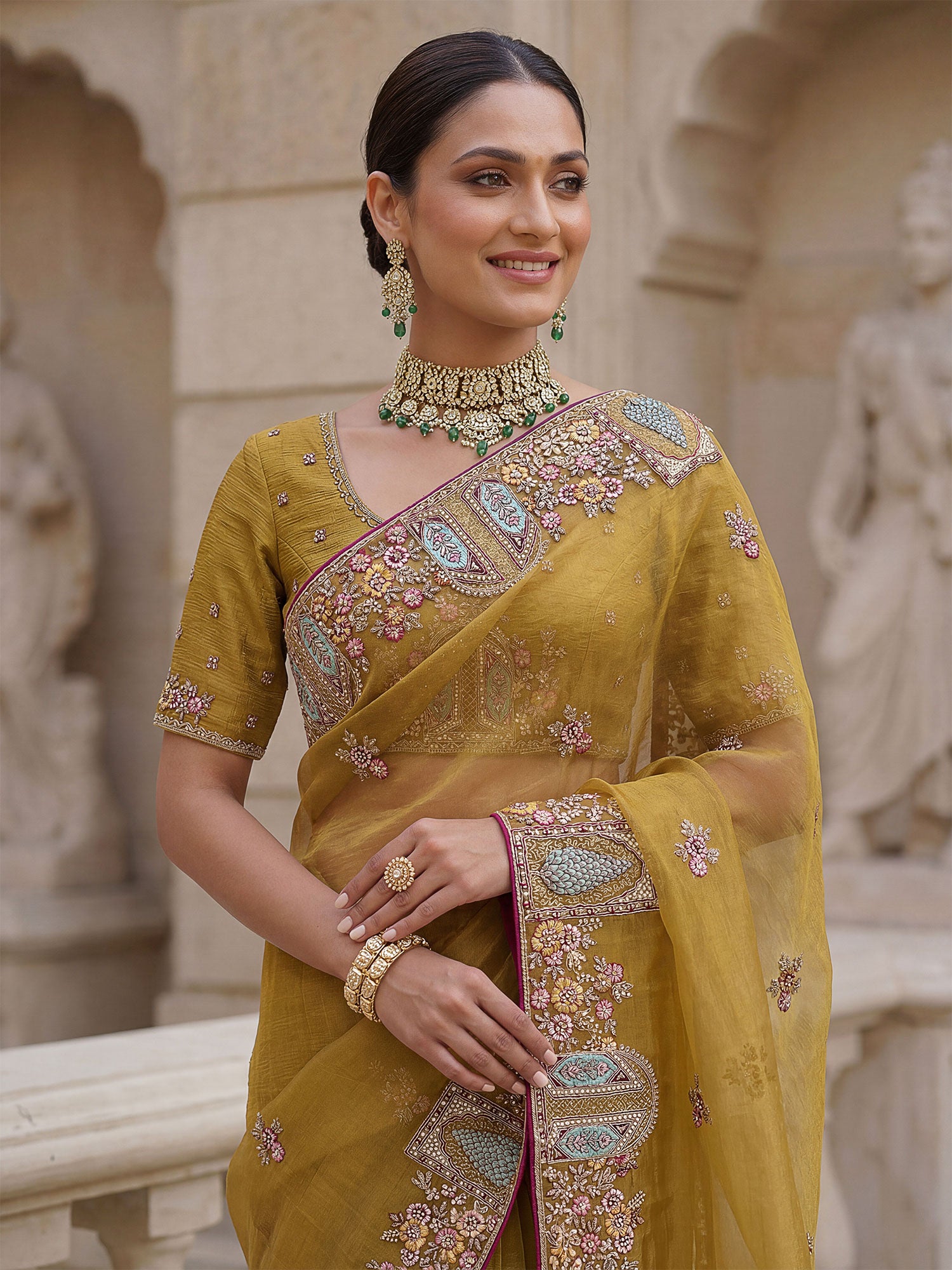Yellow Wedding Saree With Embroidered Borders