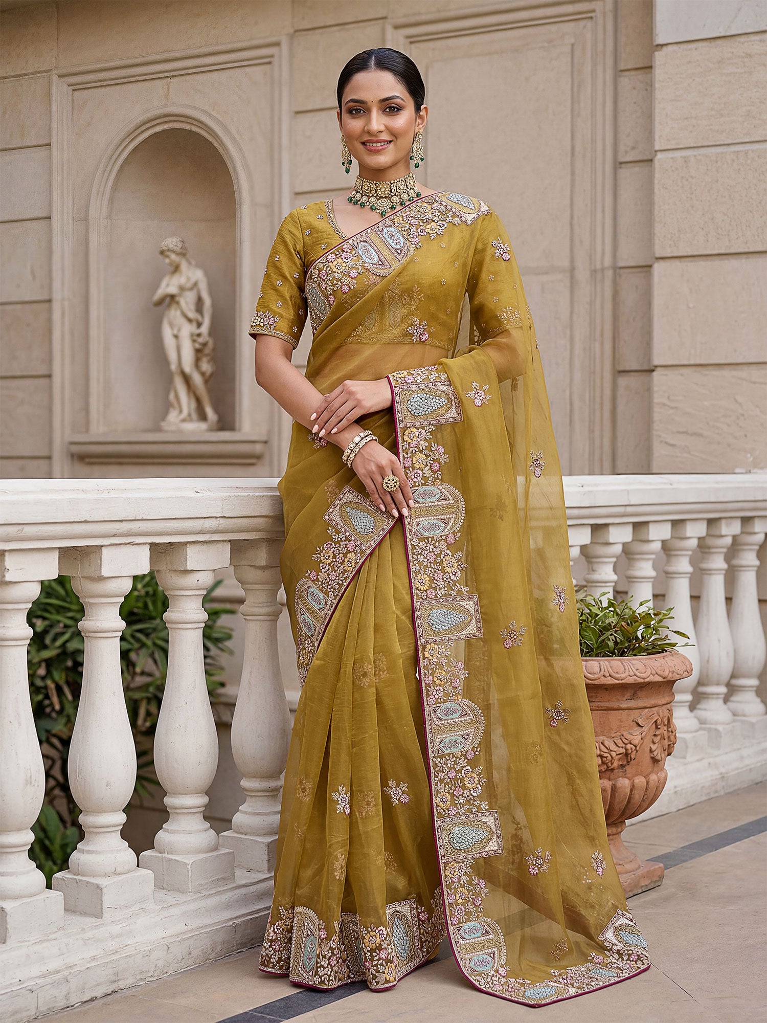 Yellow Wedding Saree With Embroidered Borders