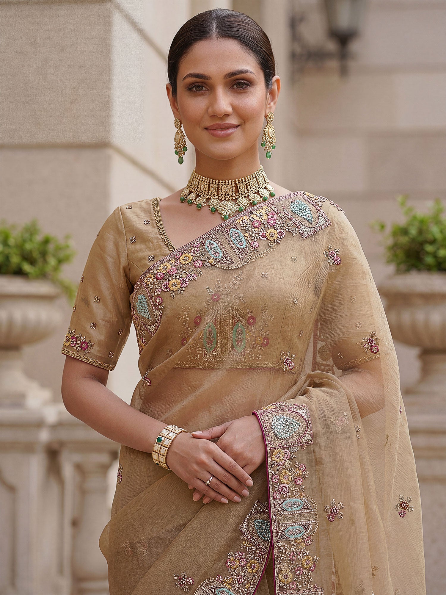 Beige Heavy Zari Work Embroidered Bridesmaid Saree