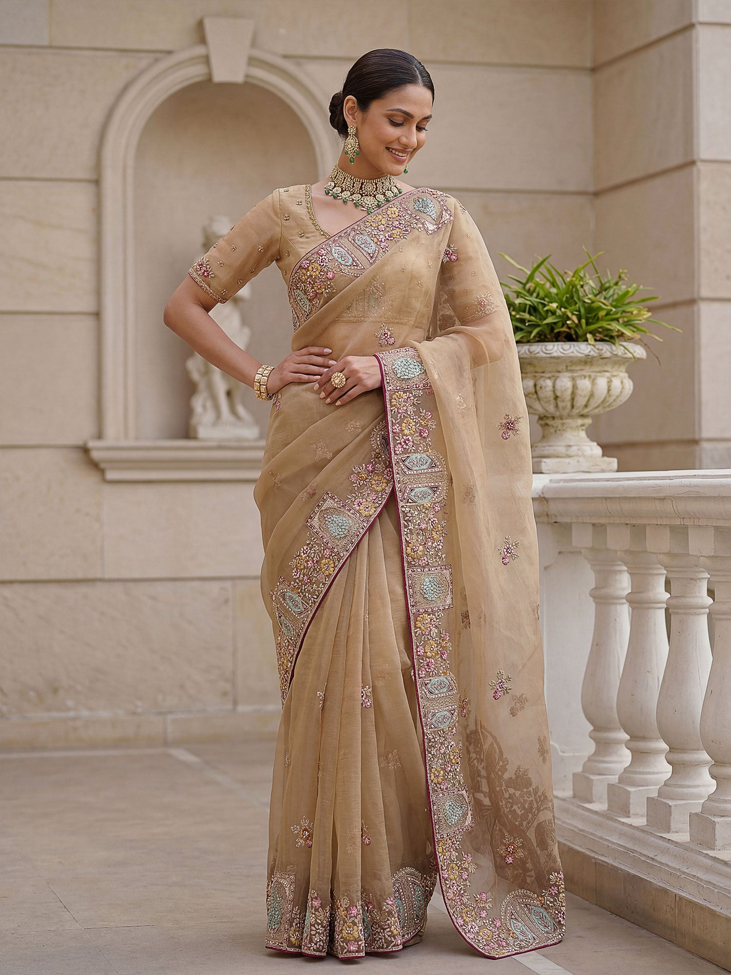 Beige Heavy Zari Work Embroidered Bridesmaid Saree