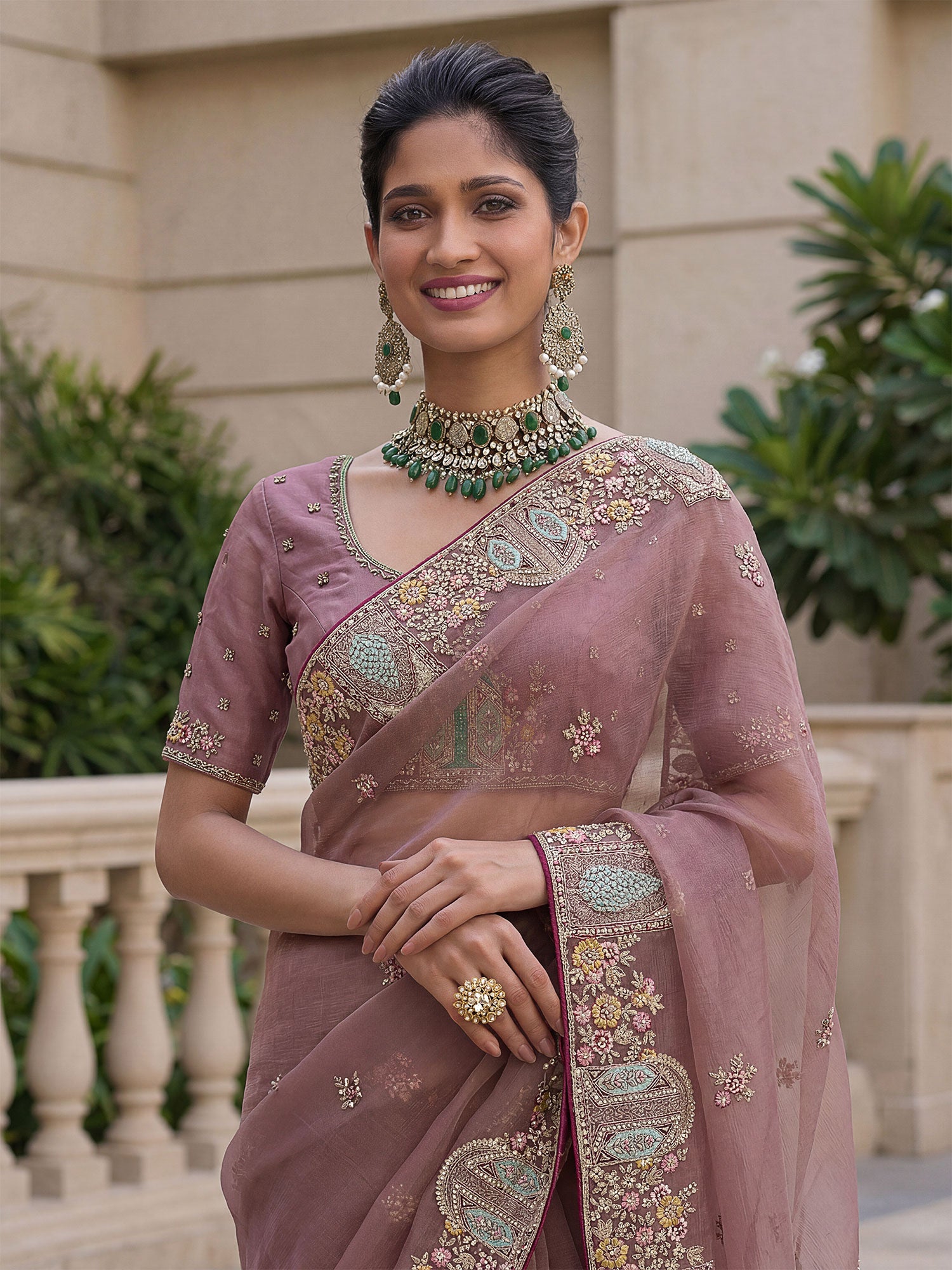 Mauve Party Saree With Heavy Embroidered Borders