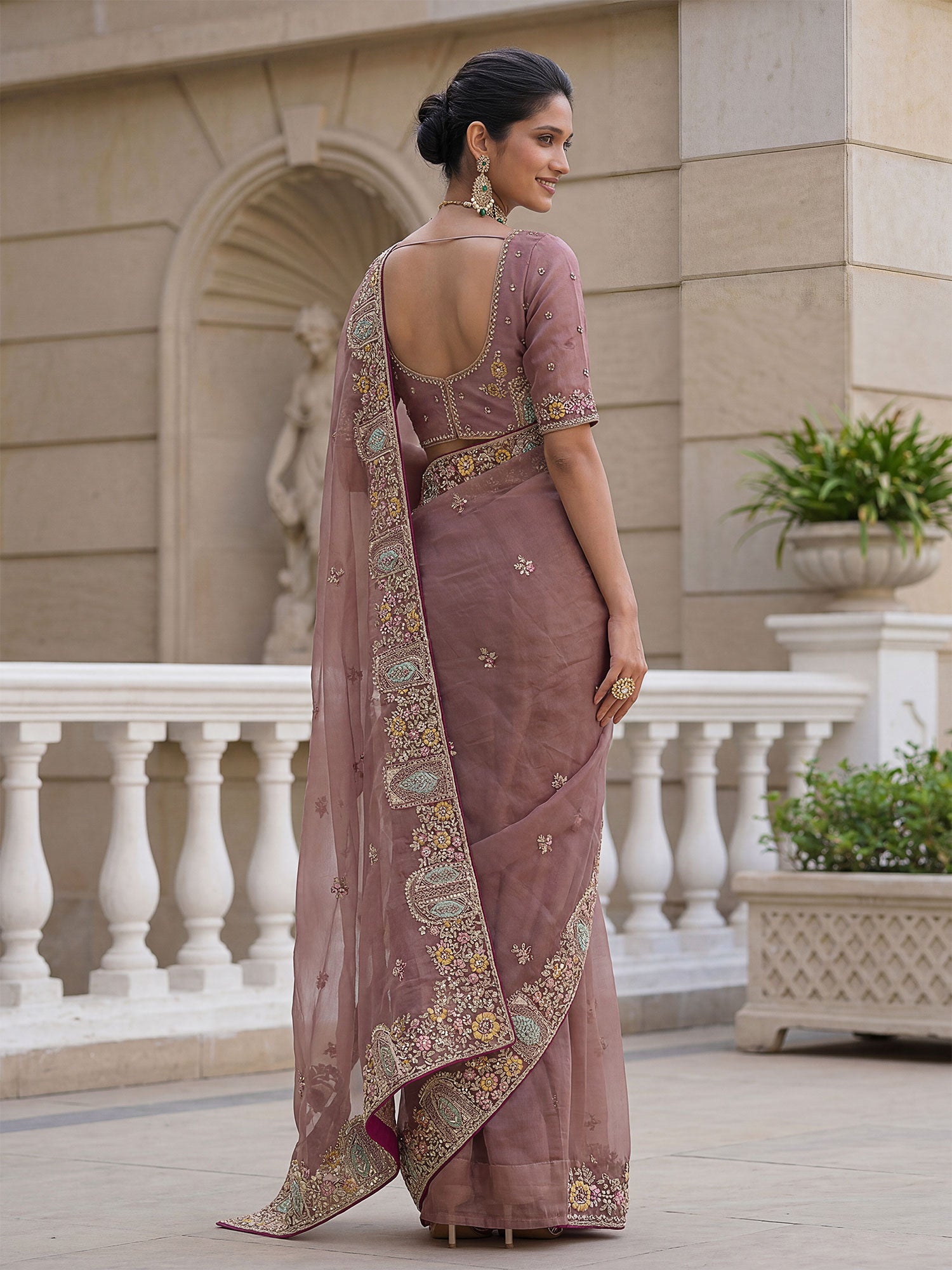 Mauve Party Saree With Heavy Embroidered Borders