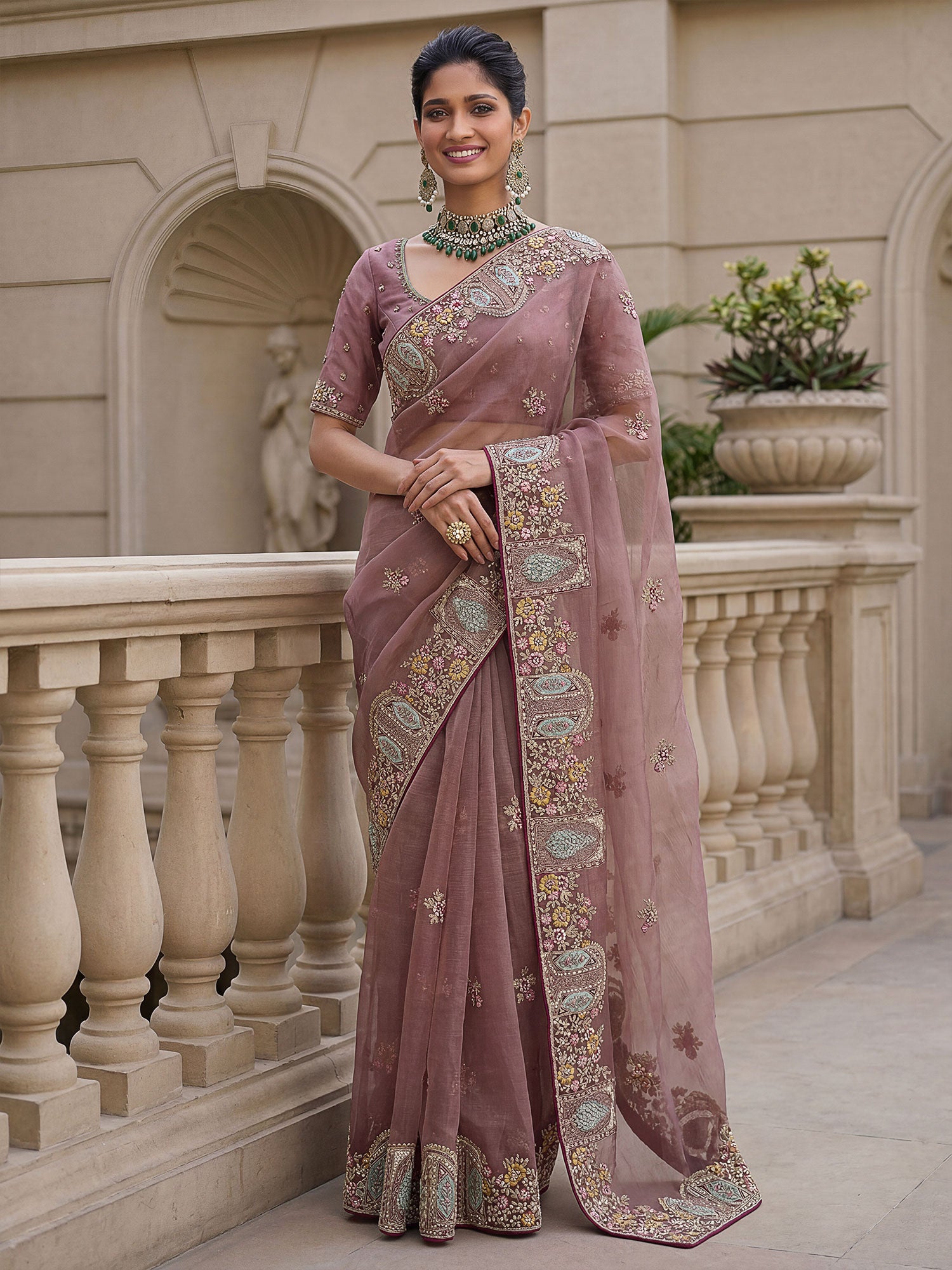 Mauve Party Saree With Heavy Embroidered Borders