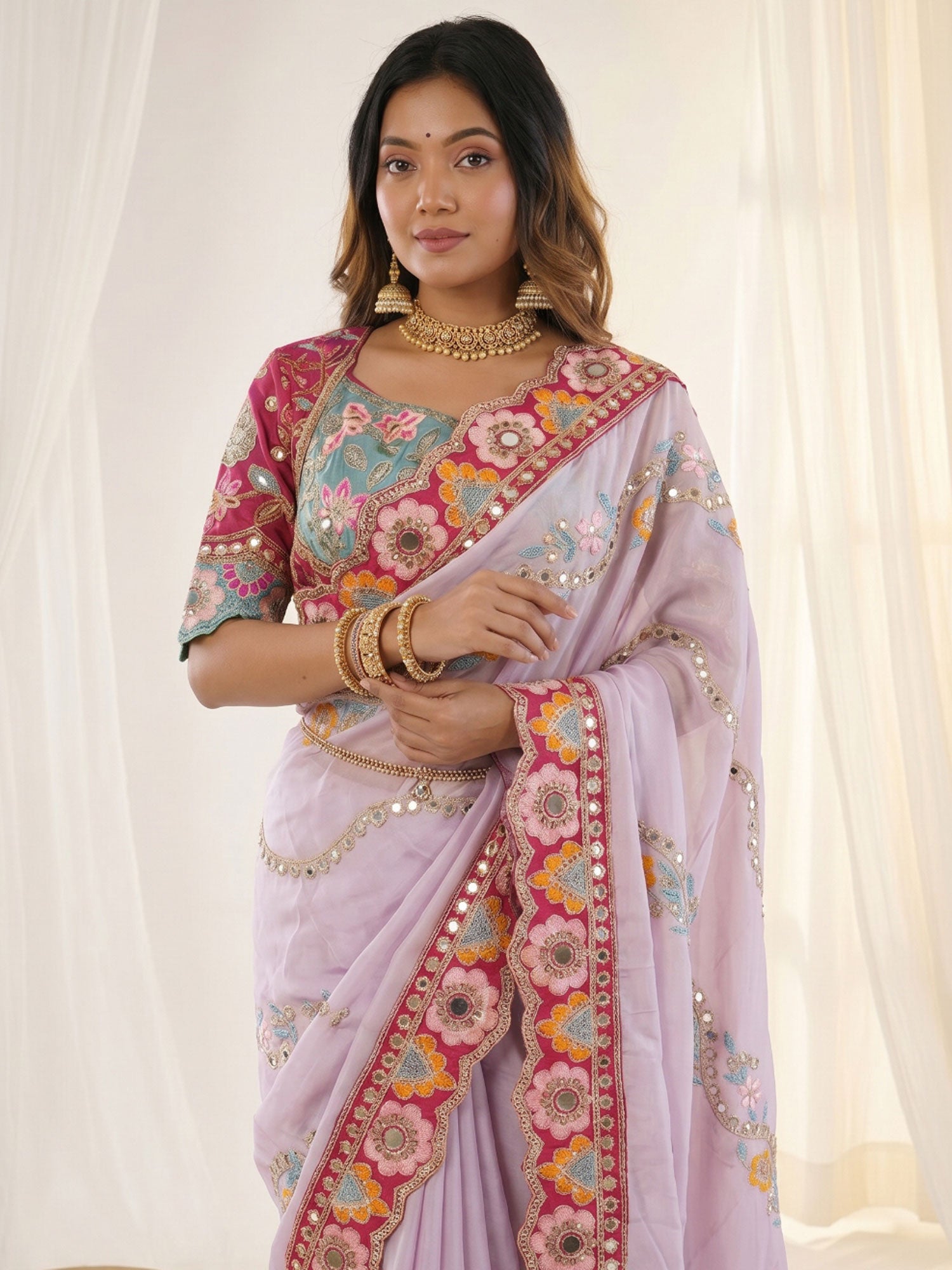 Lavender Purple Thread Embroidered Saree In Silk