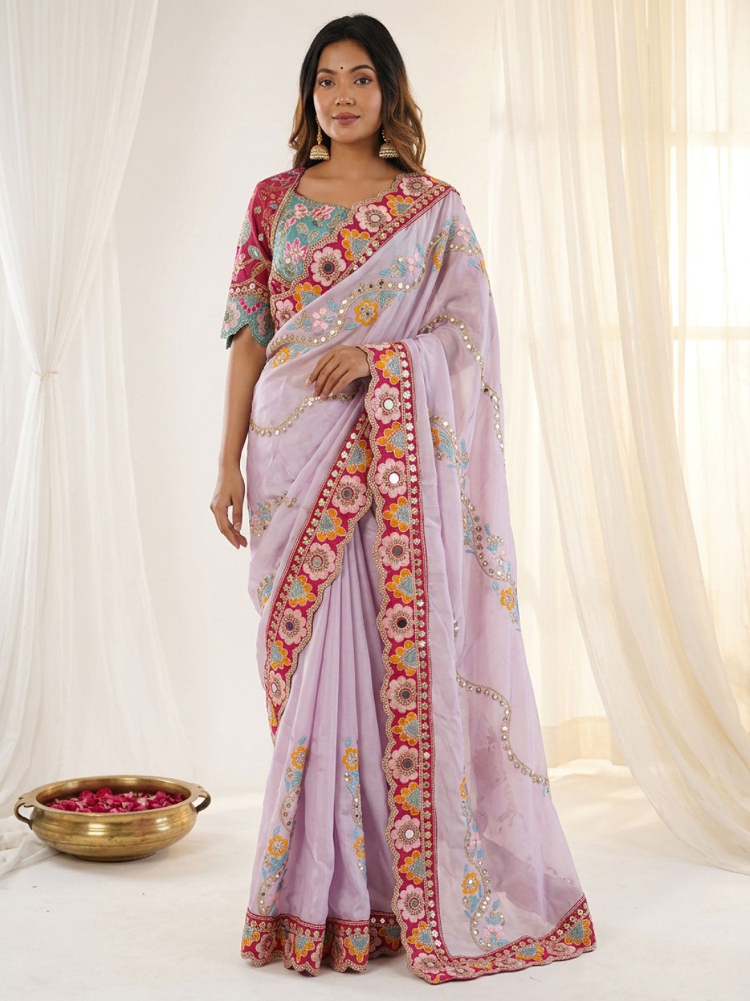 Lavender Purple Thread Embroidered Saree In Silk