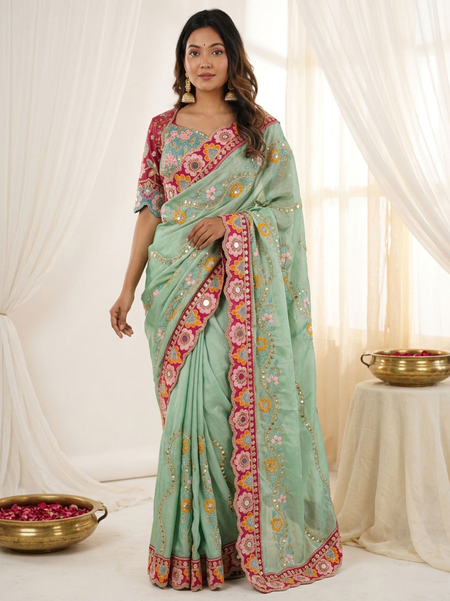 Mint Green Wedding Saree With Embroidered Borders