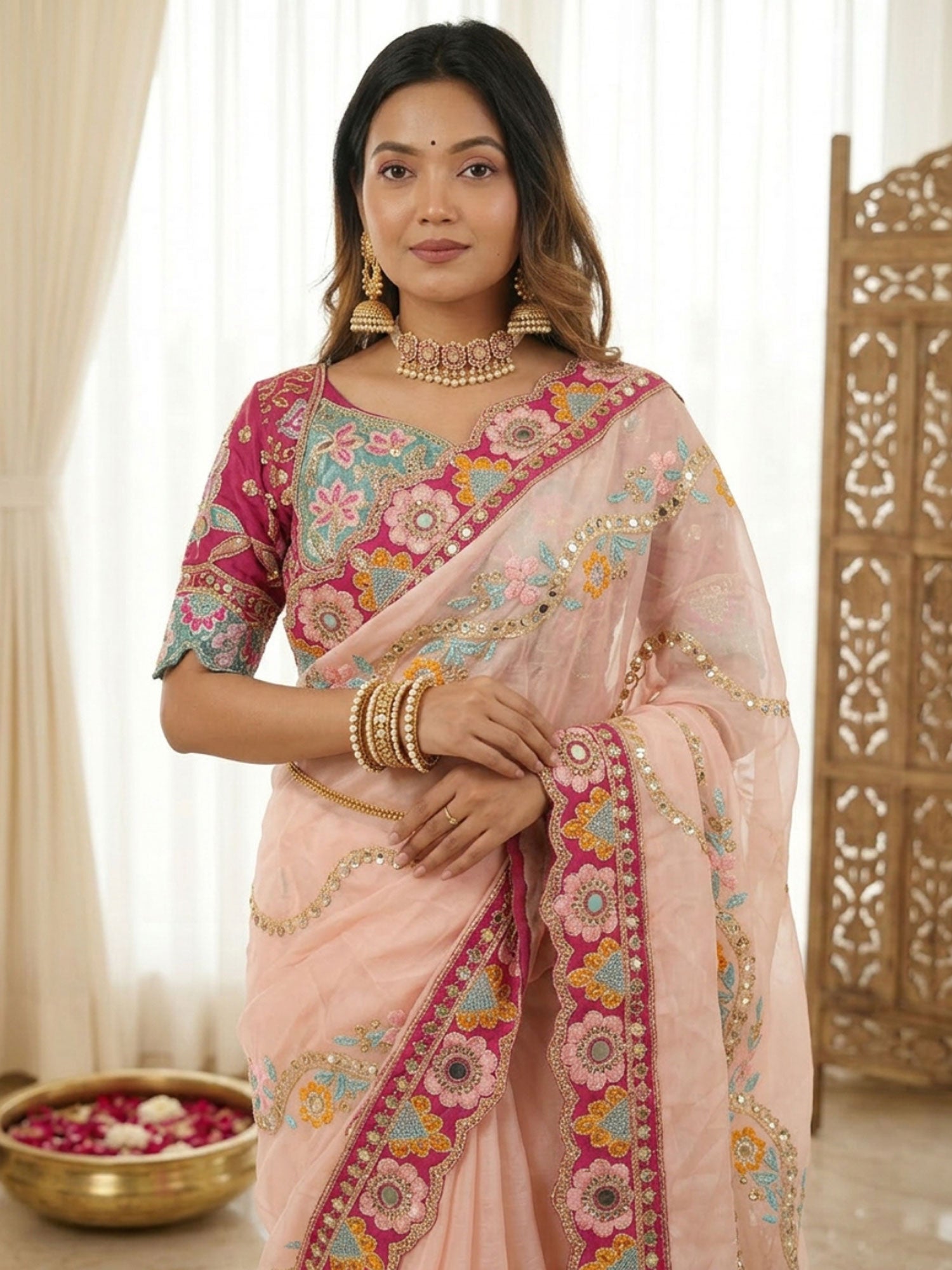 Peach Bridesmaid Saree In Mirror Work Embroidery