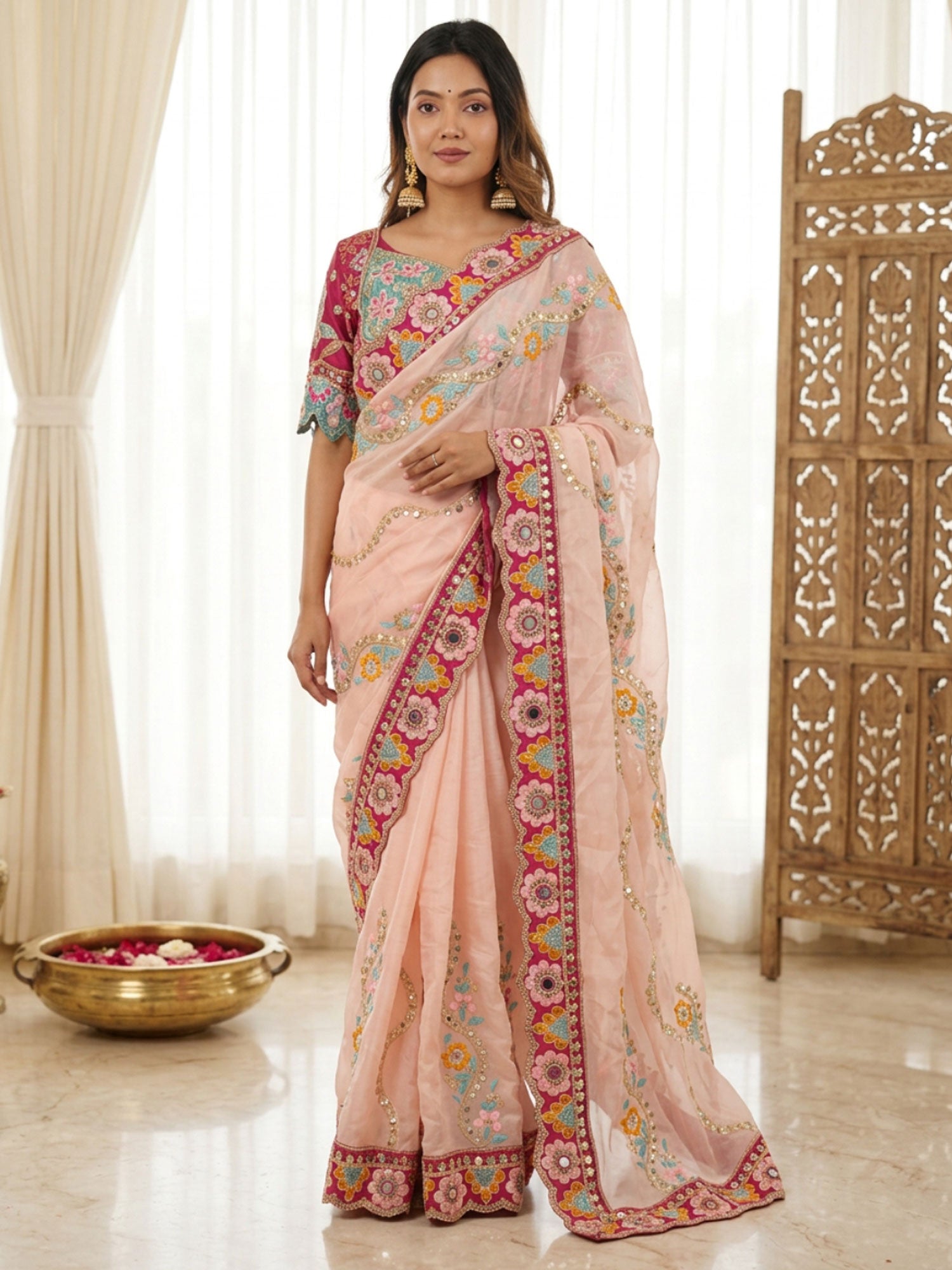 Peach Bridesmaid Saree In Mirror Work Embroidery