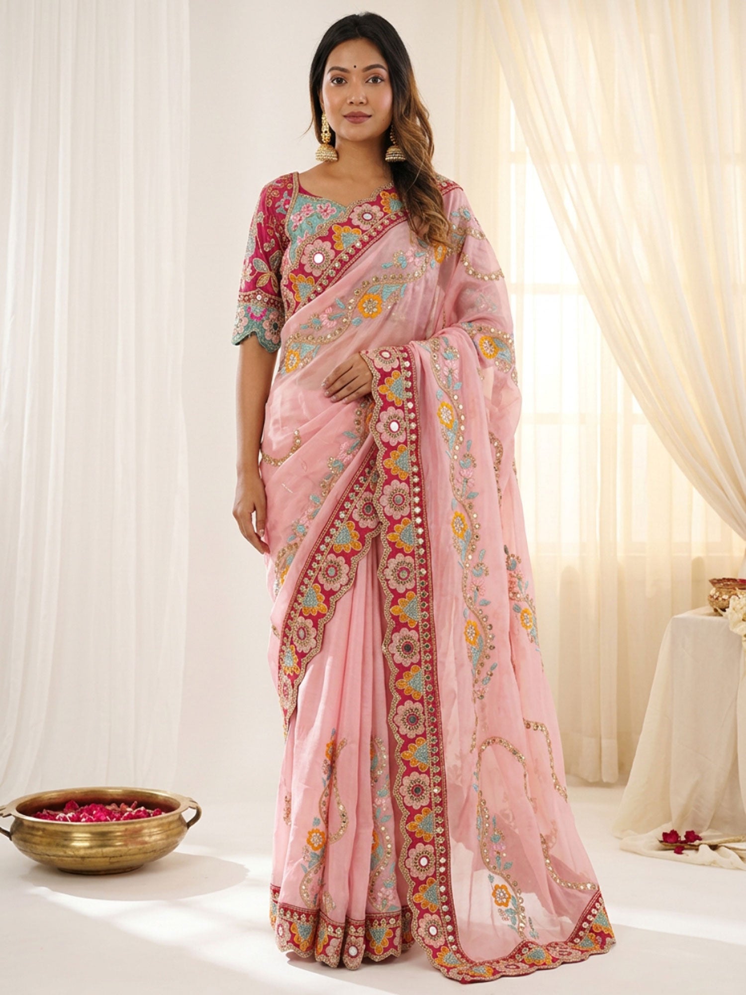 Pink Heavy Mirror Work Embroidered Silk Saree