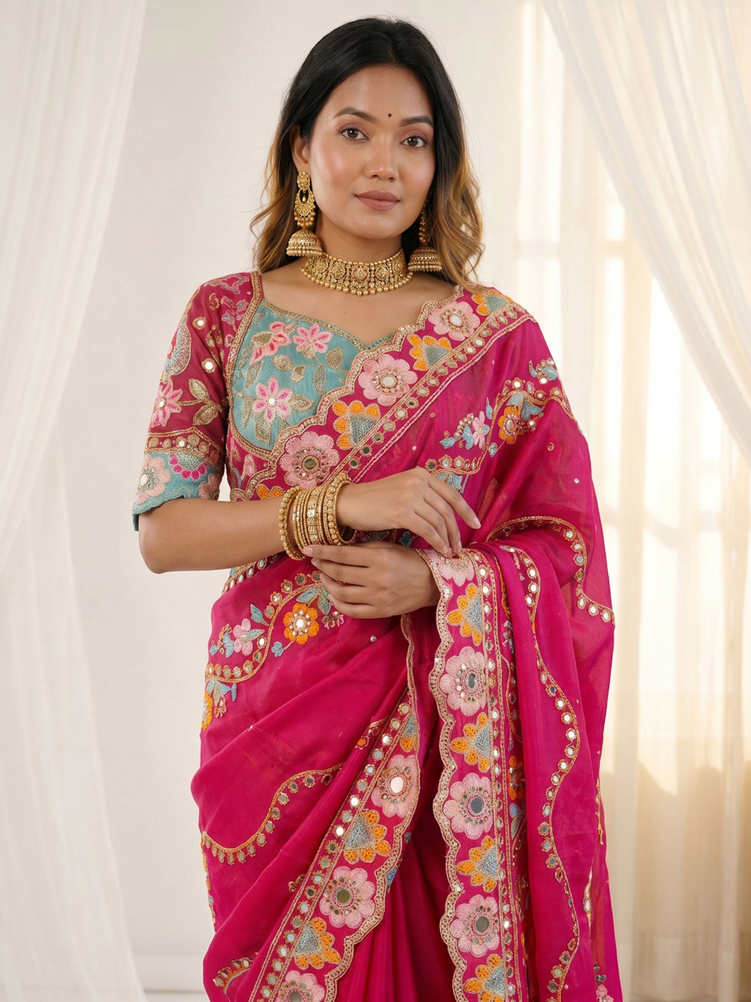 Rani Pink Silk Saree With Heavy Embroidered Borders