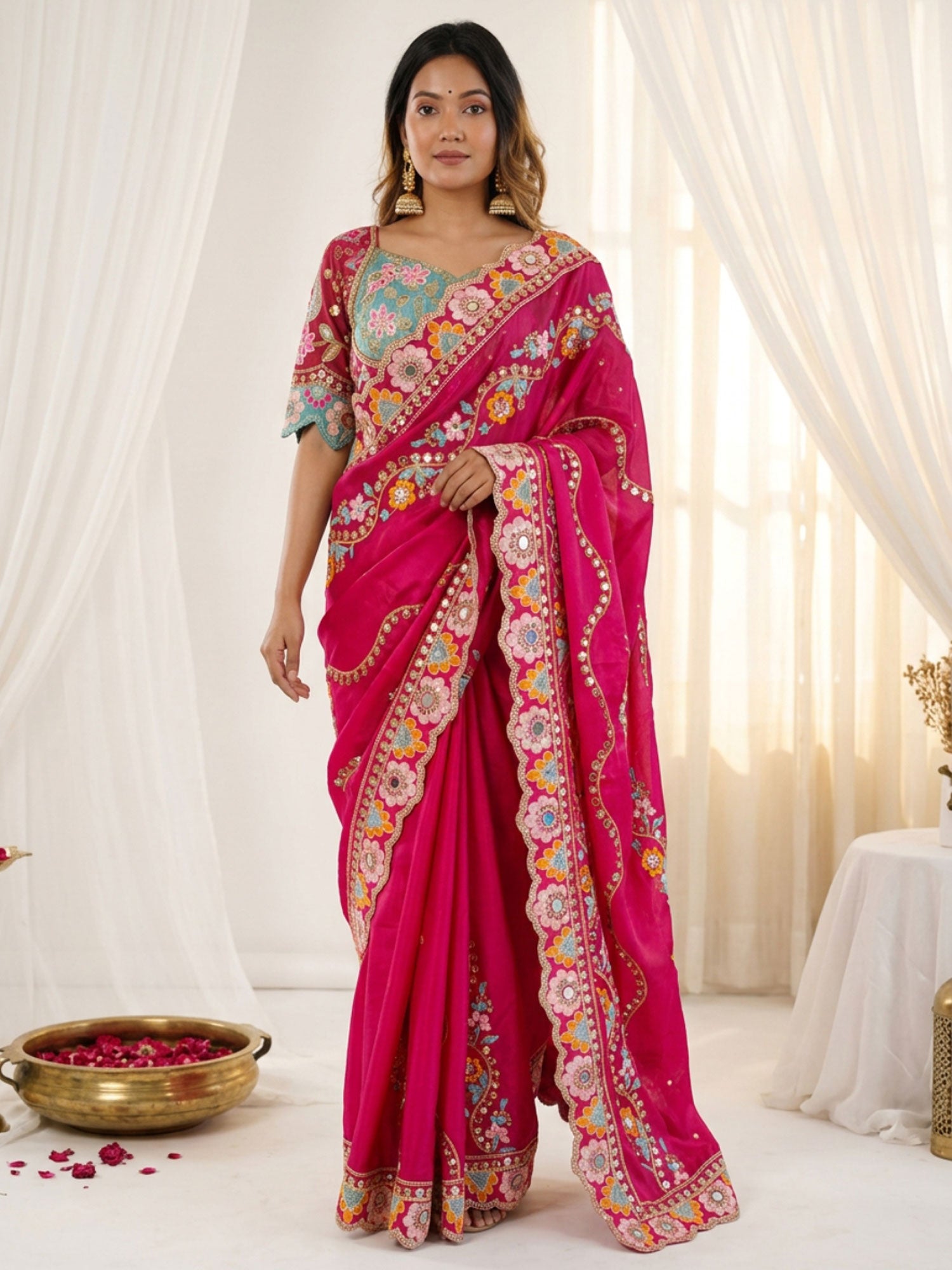 Rani Pink Silk Saree With Heavy Embroidered Borders