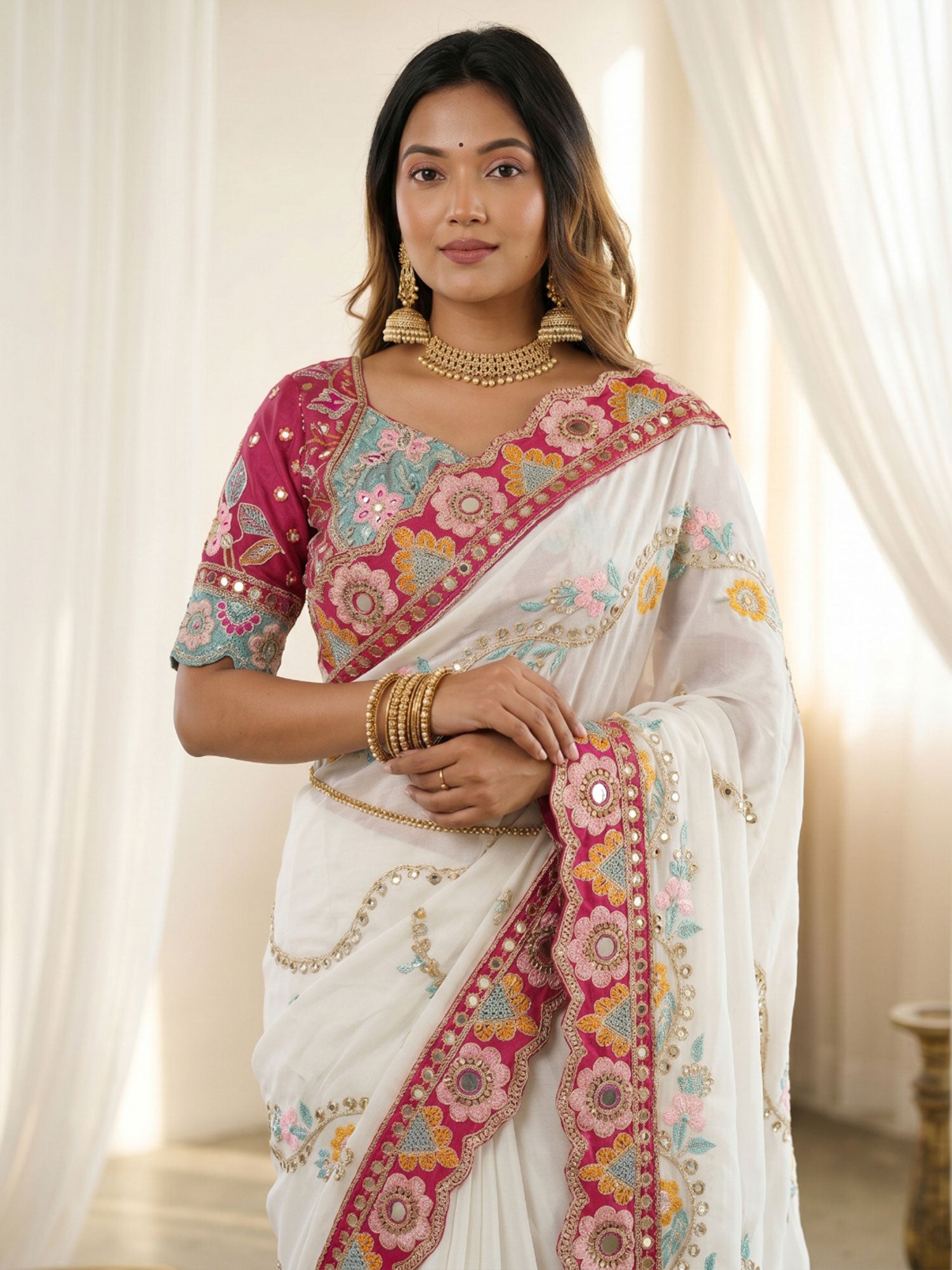 White Heavy Floral Embellished Weddig Silk Saree