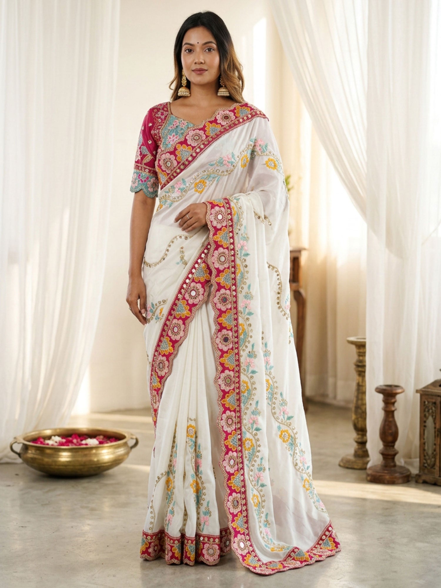 White Heavy Floral Embellished Weddig Silk Saree